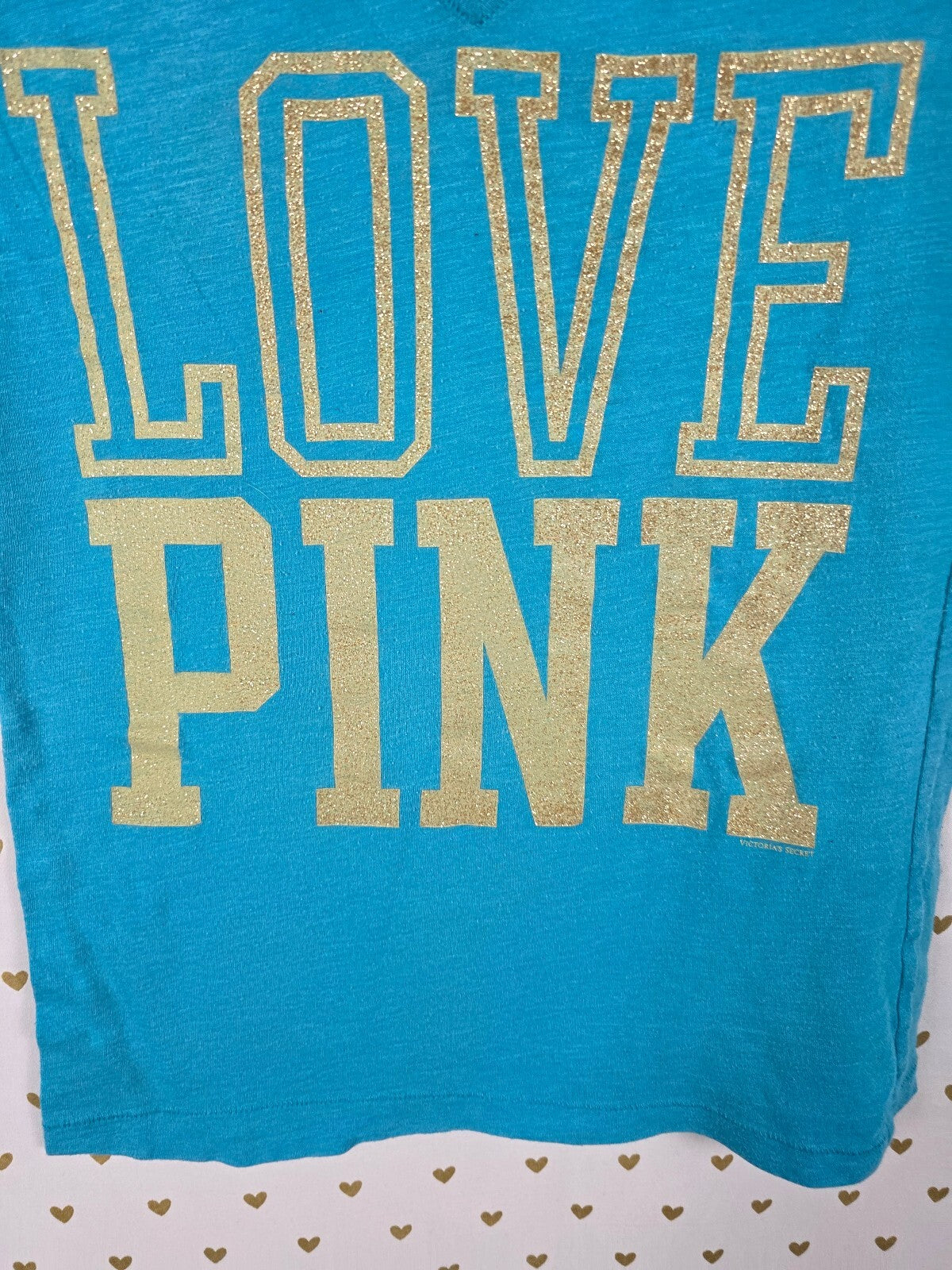 Victorias Secret PINK Vintage BLING V neck Gold Glitter Tee shirt y2k XS