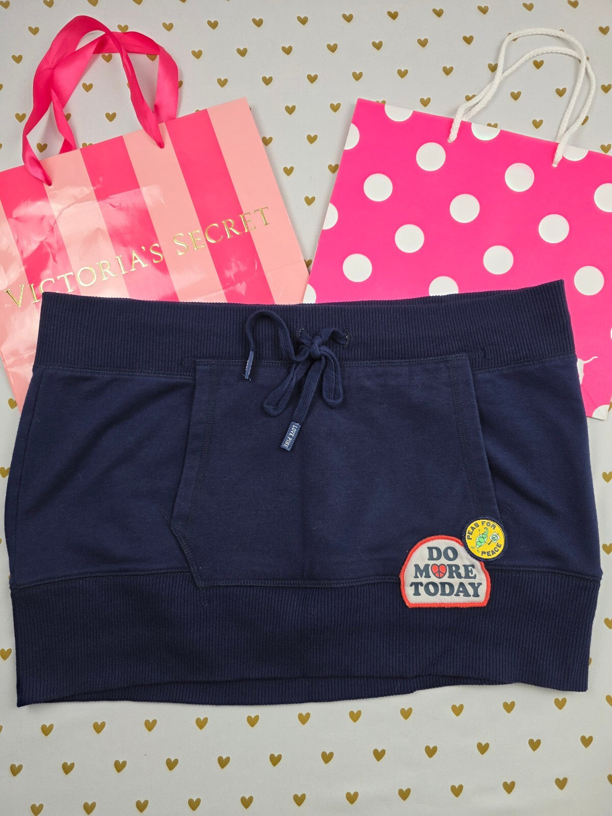 Vintage Victoria's Secret PINK Navy Blue Mini Sweatshirt Skirt L Peace Patches
