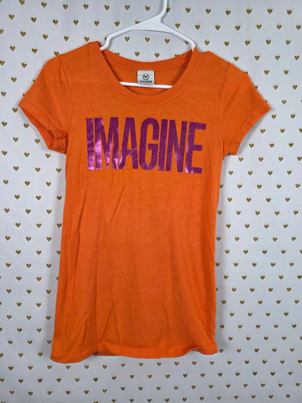 Vintage 2009 Victoria's Secret PINK Imagine Tee Orange Metallic Heart Y2K S