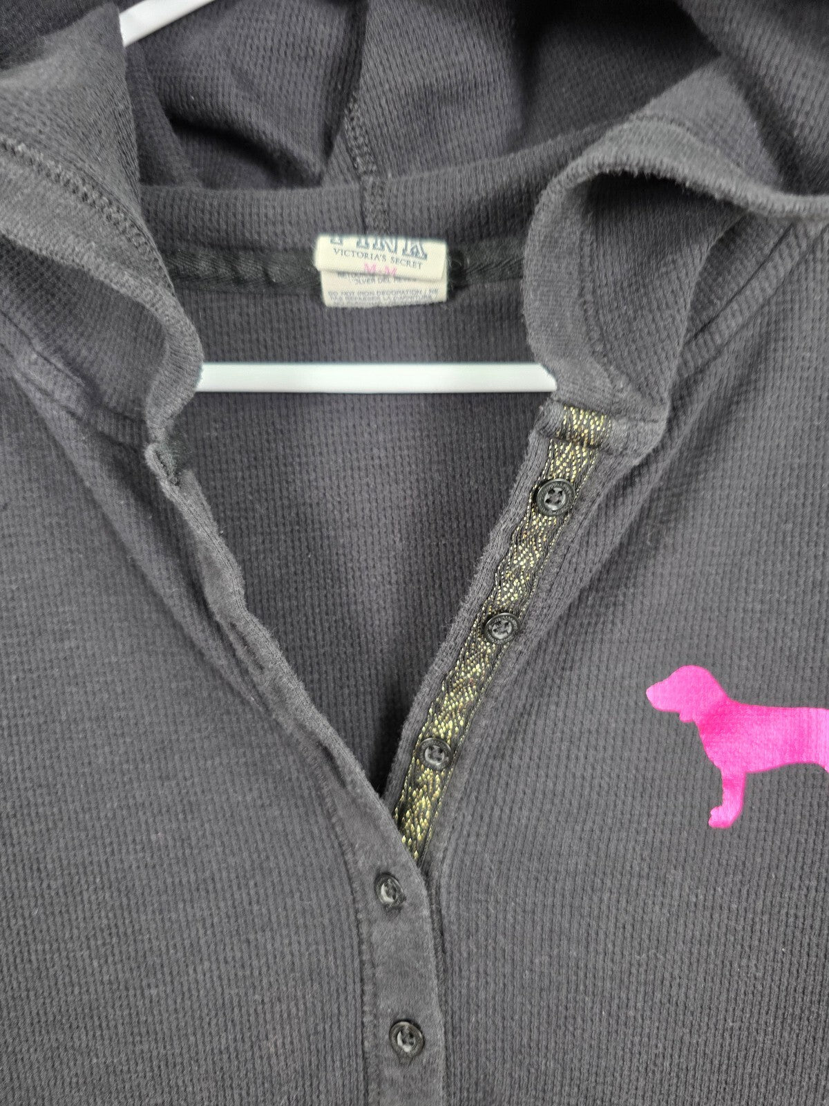 Victorias Secret Pink Vintage Black Thermal Hooded Henley Logo Medium
