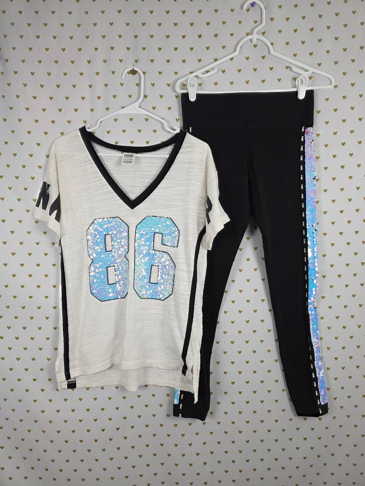 VS PINK BLING Sequin 86 Tee Leggings Set Small Iridescent Mermaid Rare