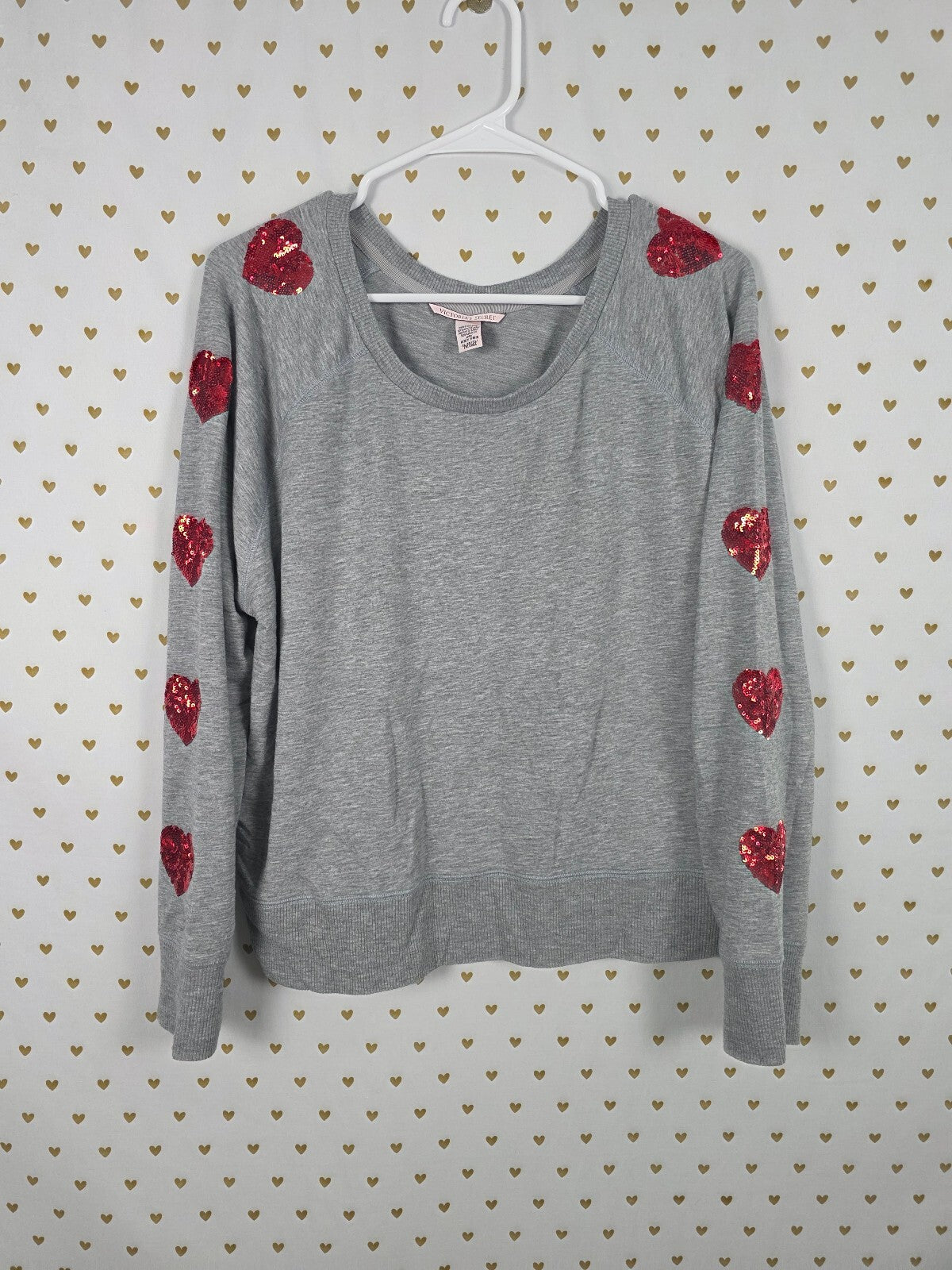 Victorias Secret Pink BLING Sequined HEARTS Sweater Shirt Super Soft Grey XL