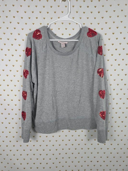 Victorias Secret Pink BLING Sequined HEARTS Sweater Shirt Super Soft Grey XL