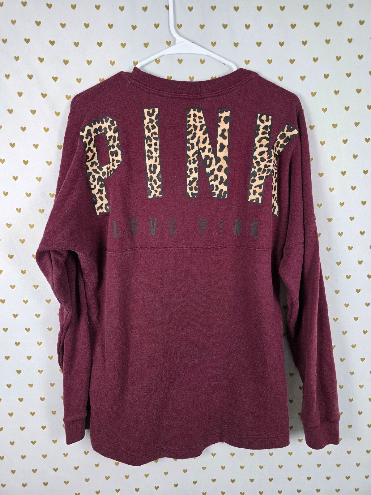 Victorias Secret Pink Maroon Cheetah Leopard Logo Oversized Sweater Shirt SM