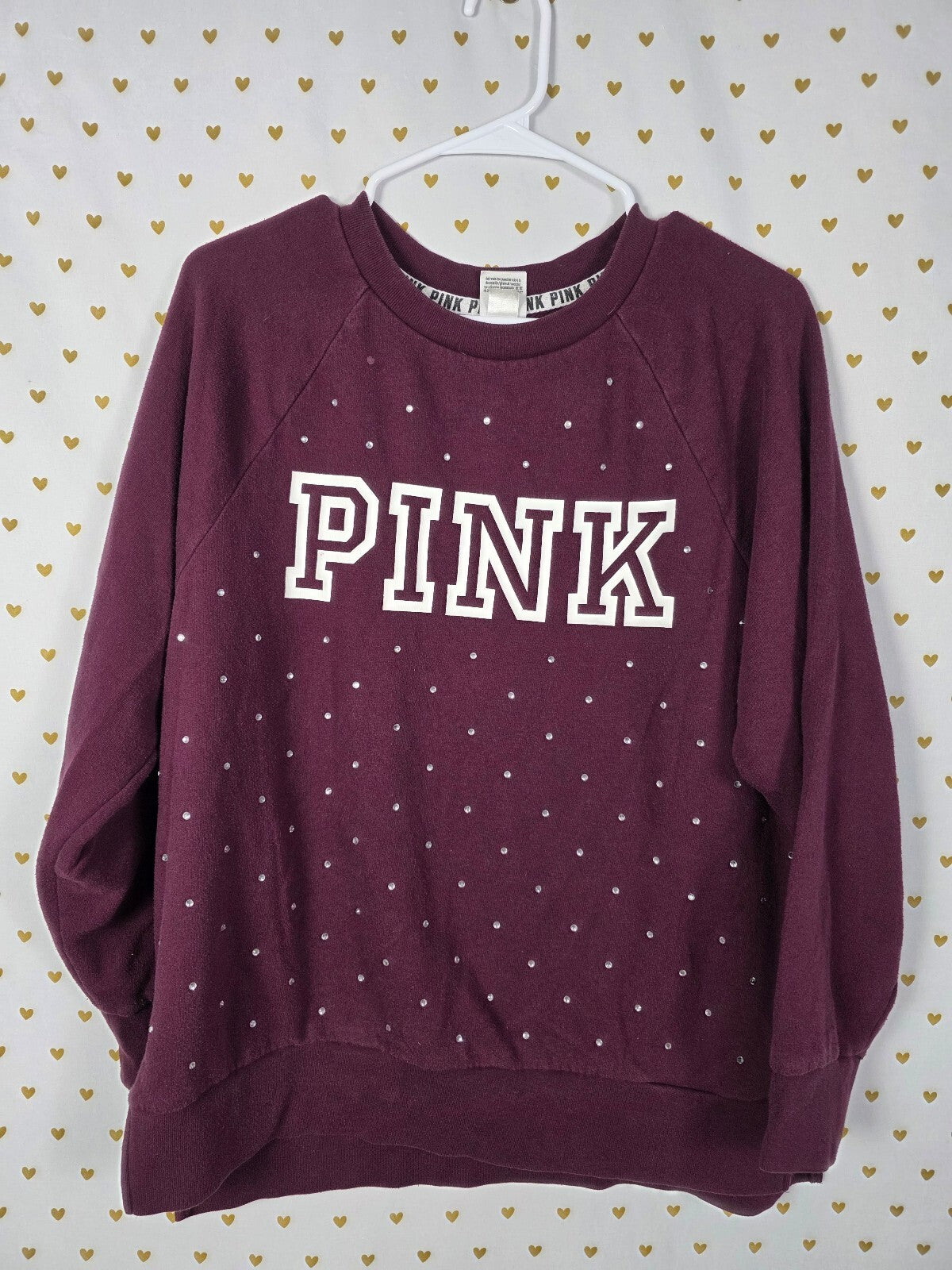 Victorias Secret Pink Bling Rhinestone studded Logo sweater crew Maroon SMALL