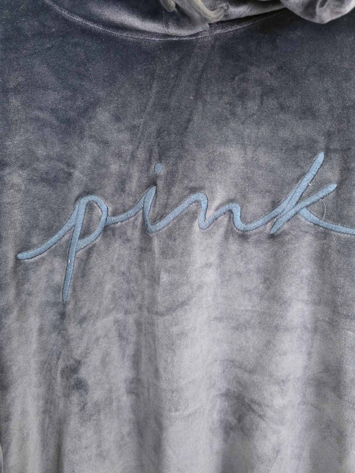 Victorias Secret Pink Blue Logo Embroidered Velour Sweats Hoodie SET LARGE