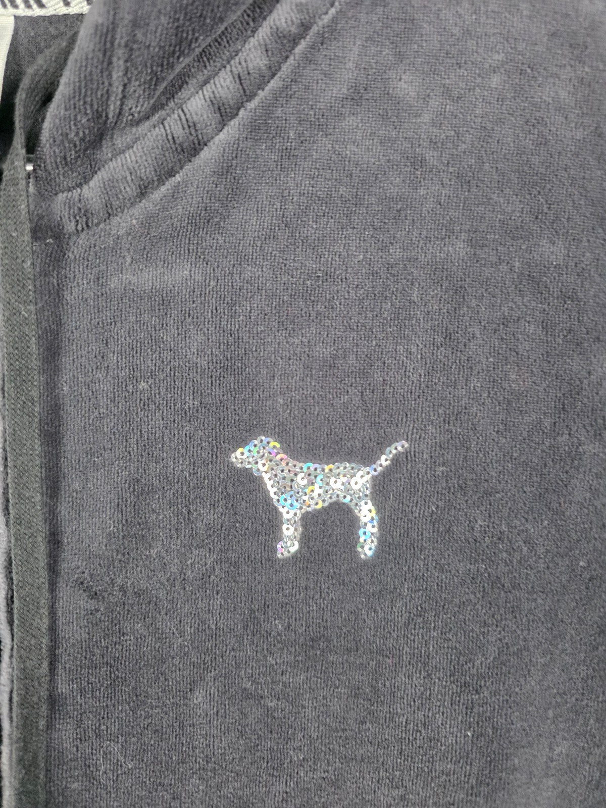 Victorias Secret Pink BLING Sequin VELOUR Hoodie Full Zip Medium Black Jacket