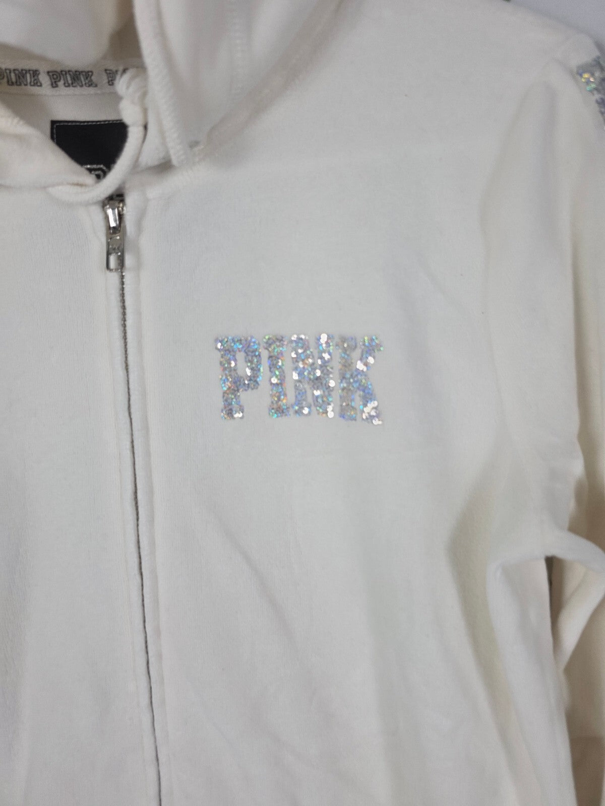Victorias Secret Pink BLING white Velour Crest logo Full zip Hoodie Jacket SM
