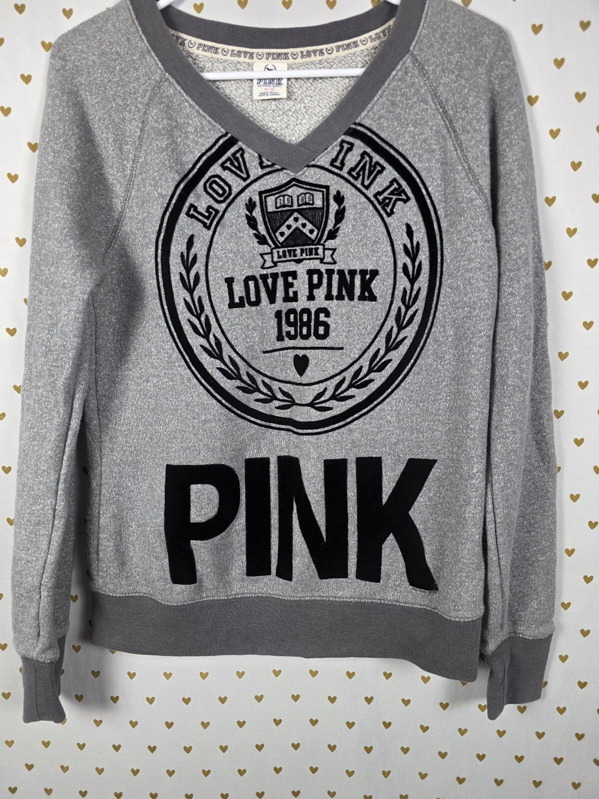 Victorias Secret Pink Vintage Y2k Velvet V neck logo Sweater Grey Medium