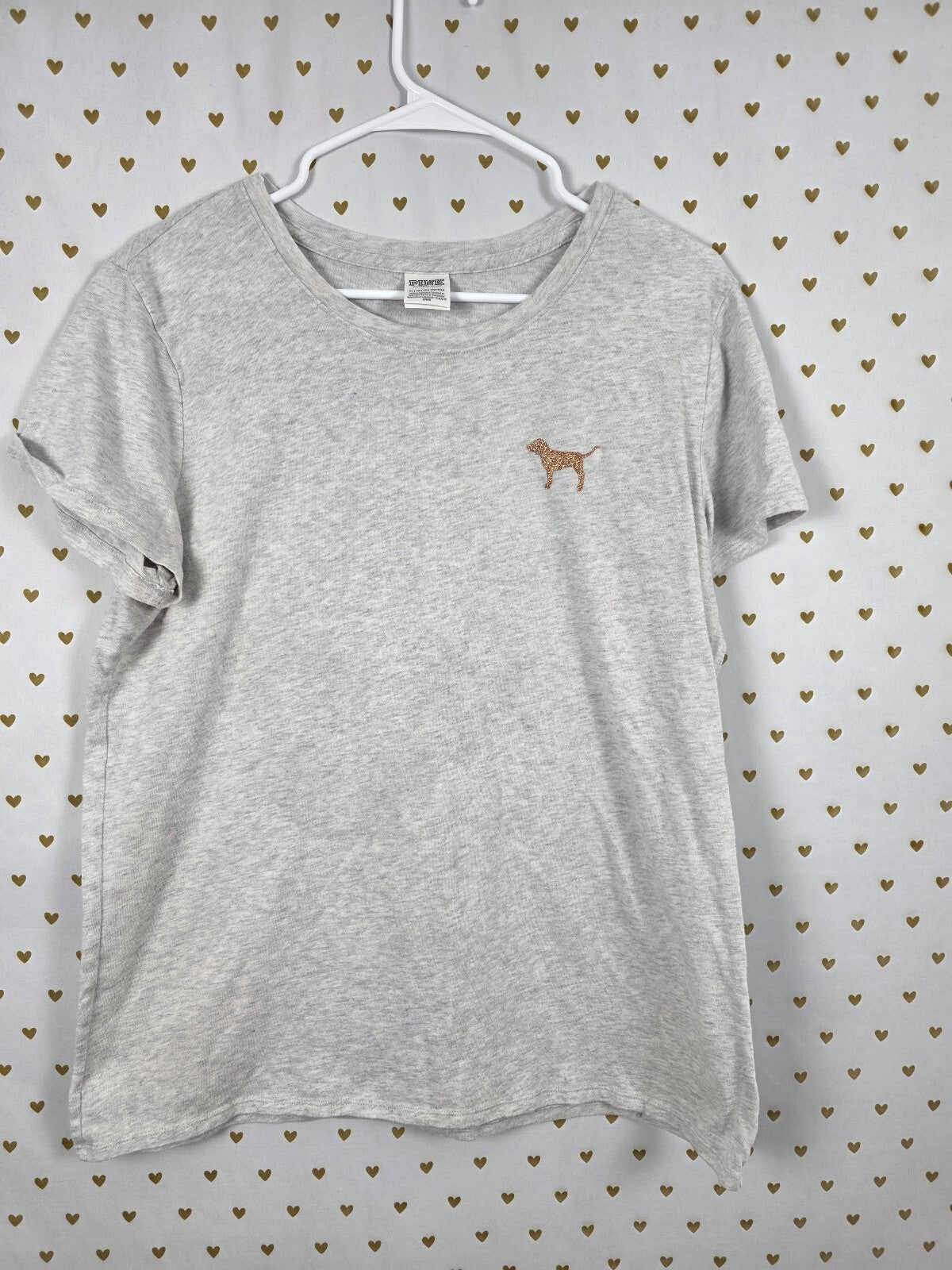 Victorias Secret PINK Gold Glitter Crest Logo Tee shirt Pocket XL