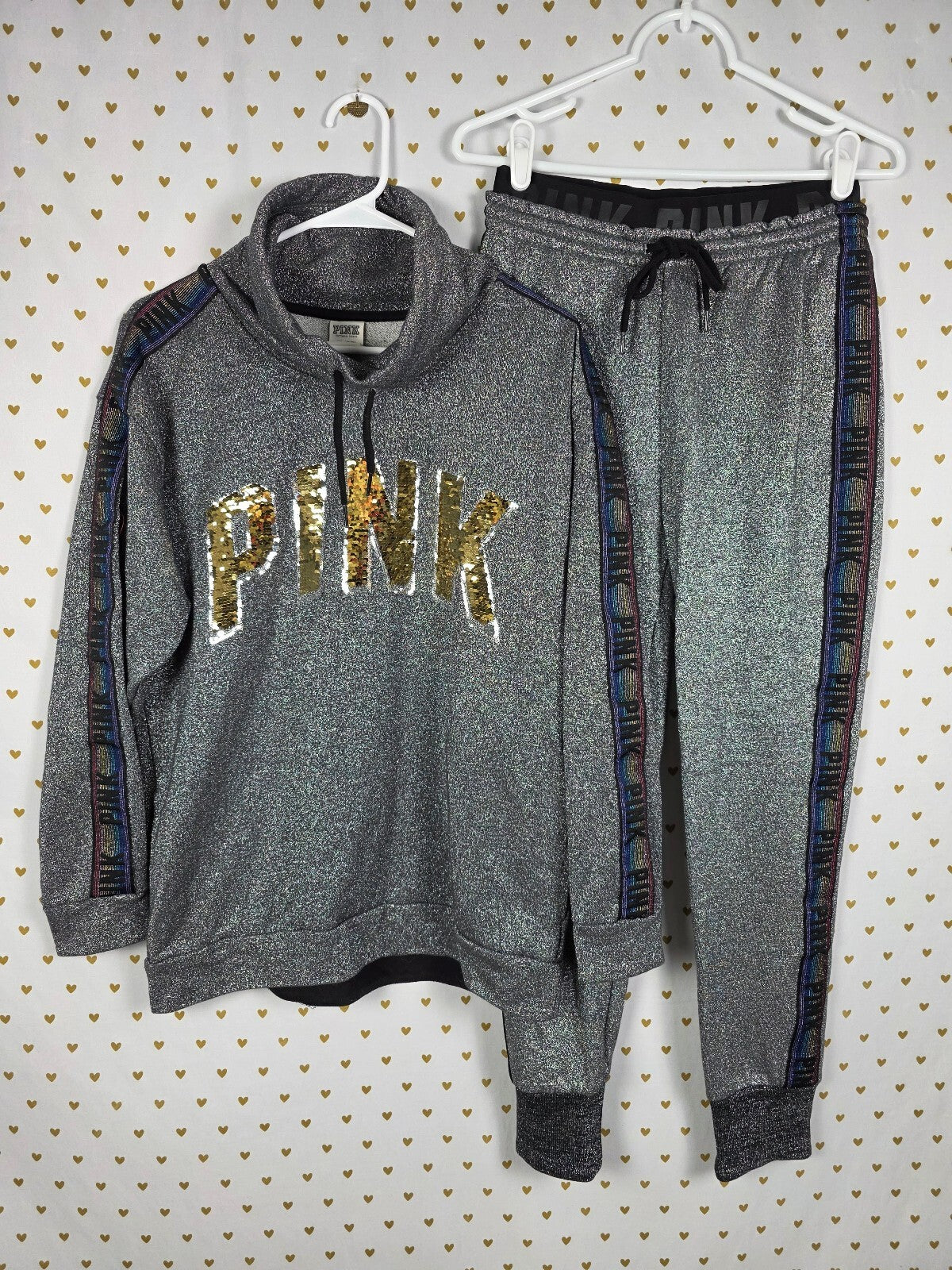 Victoria's Secret PINK Shimmer Flip Sequin Rainbow Sweater Sweats Set SM BLING
