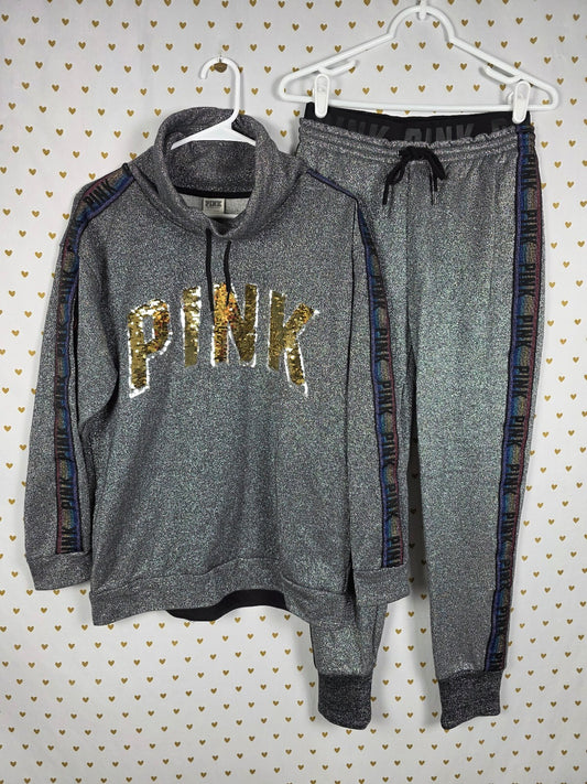 Victoria's Secret PINK Shimmer Flip Sequin Rainbow Sweater Sweats Set SM BLING