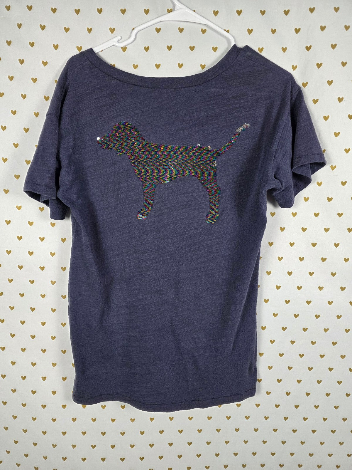 Victorias Secret PINK RAINBOW FLIP BLING V Neck Blue Tee shirt SMALL