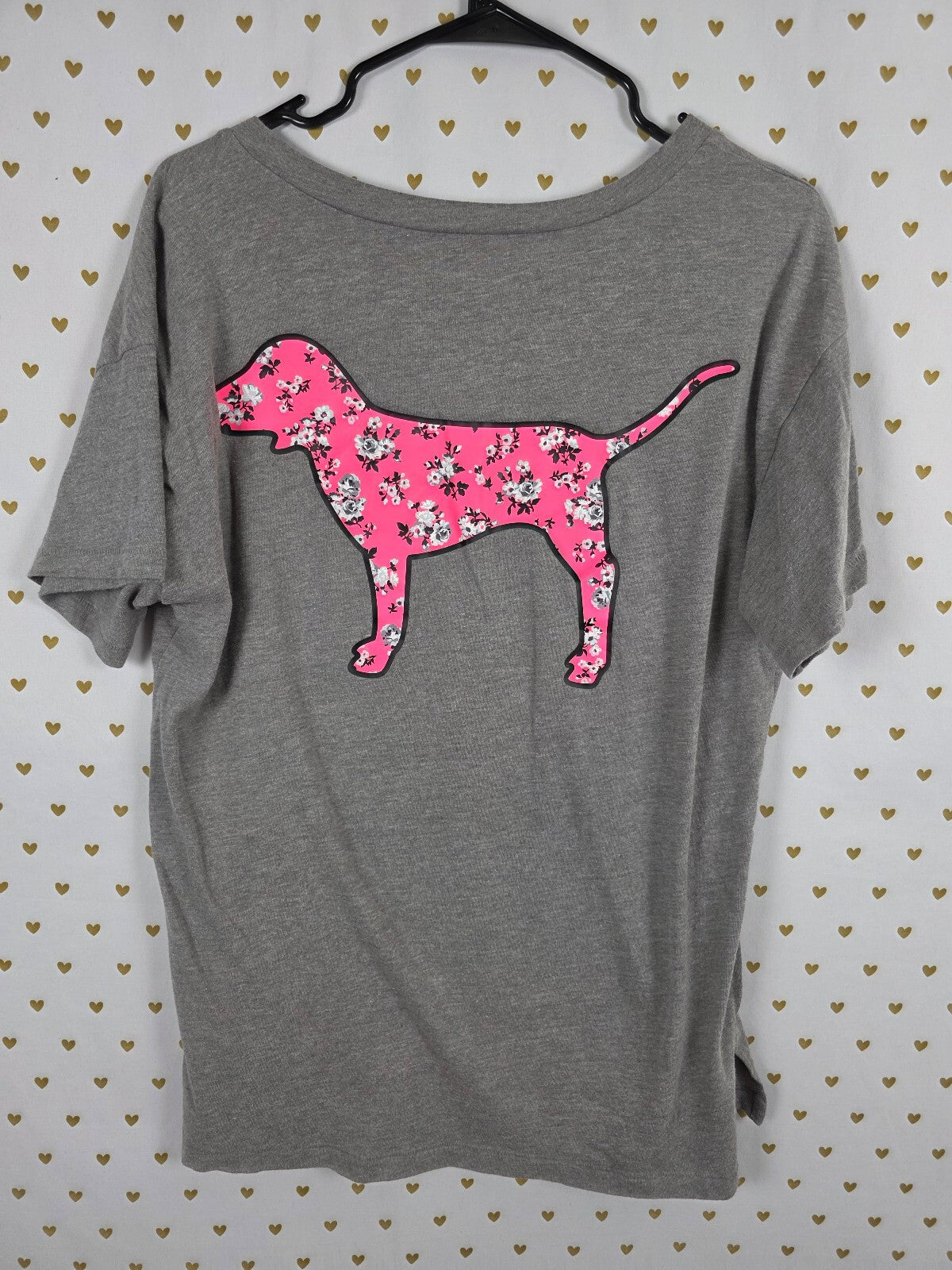 VS PINK Floral Dog Shirt M Gray V Neck Oversized Tee Hot Pink Logo
