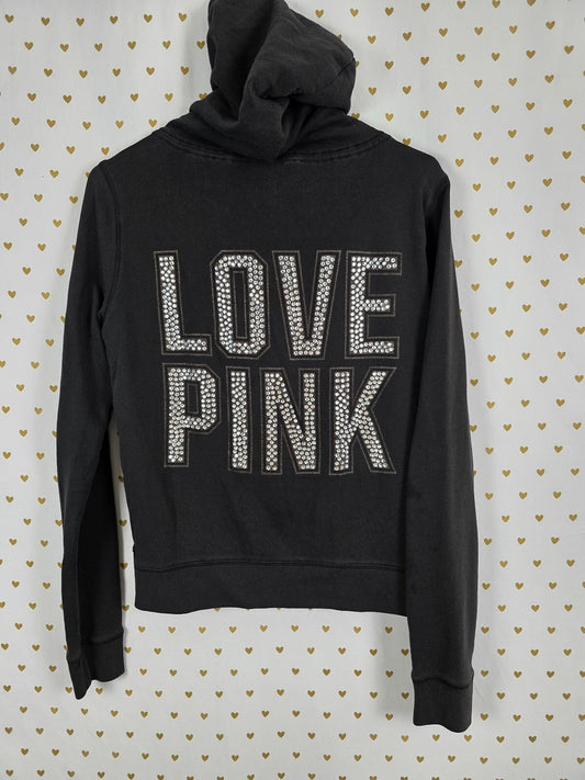 Victorias Secret Pink Bling Studded Full Zip Hoodie Jacket Black Small