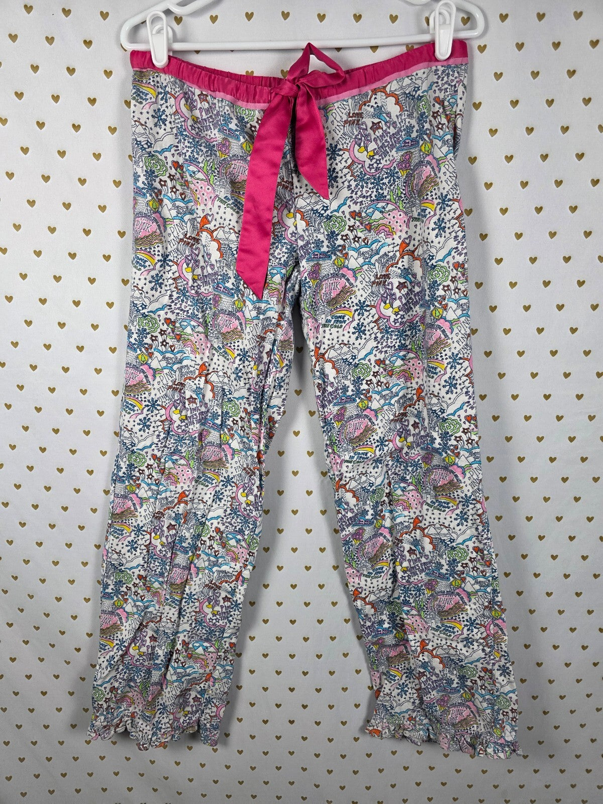 Victorias Secret Pink Vintage Doodle Ruffled XS  Sleep Pants Pajama PJ Bottoms
