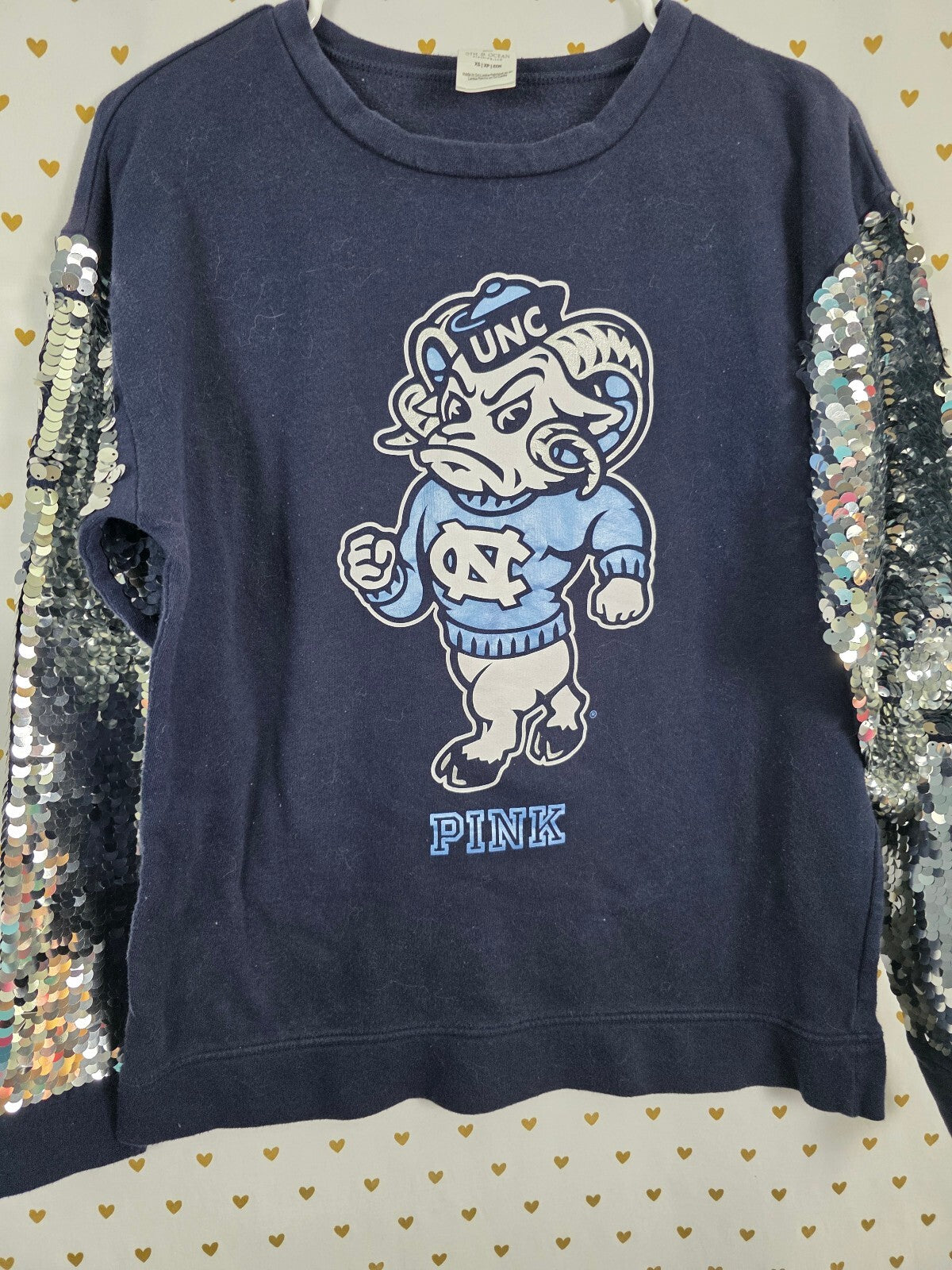 VS PINK x 5th & Ocean UNC Tar Heels Sweatshirt XS Sequin Sleeves Bling