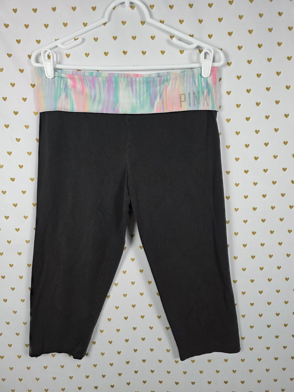 Victorias Secret PINK Vintage Rainbow Logo Foldover Yoga Pants Capri LARGE