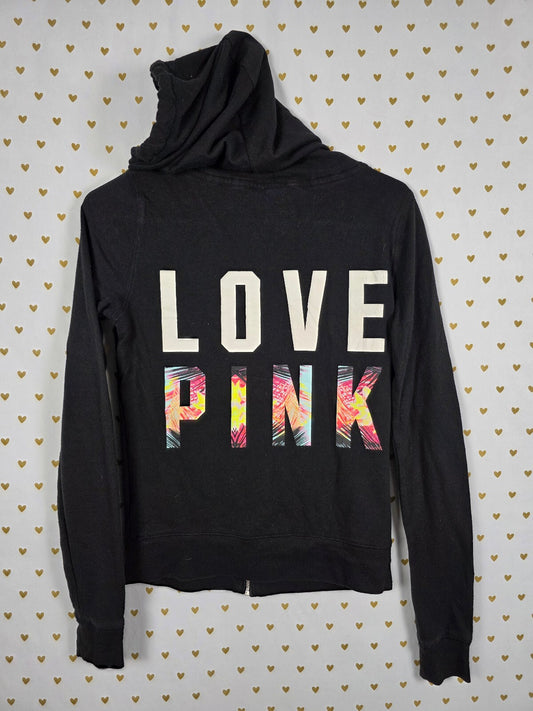 Victorias Secret Pink XS Black Full Zip Hooded Jacket Hawaiian Logo