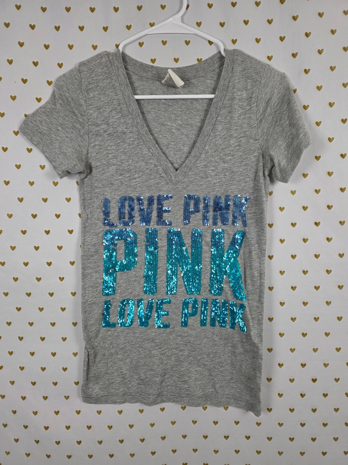 Victorias Secret PINK Vintage Sequined Bling Blue V neck tee shirt XS