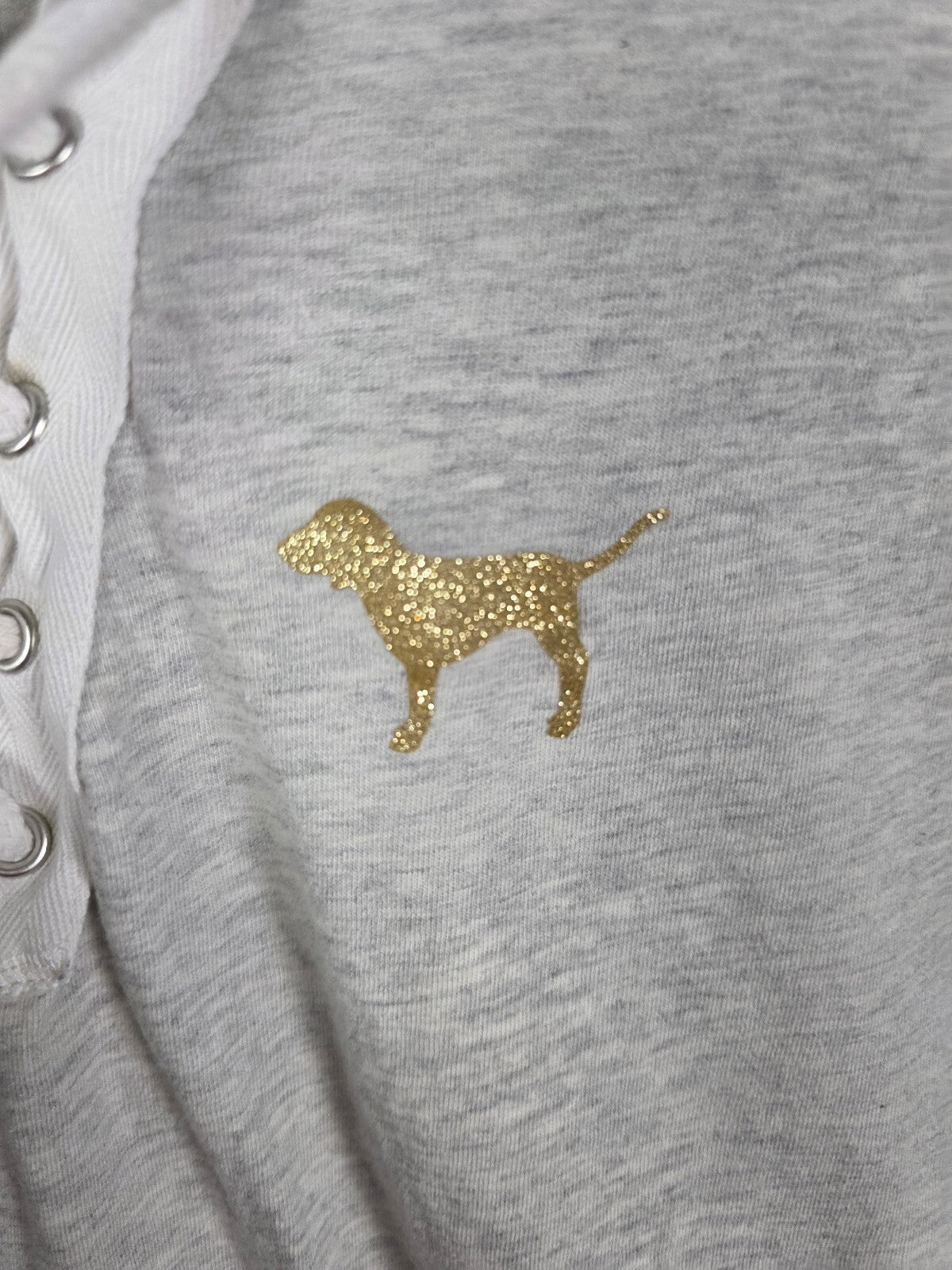 Victorias Secret PINK BLING GOLD Glitter dog logo lace front tee shirt SMALL
