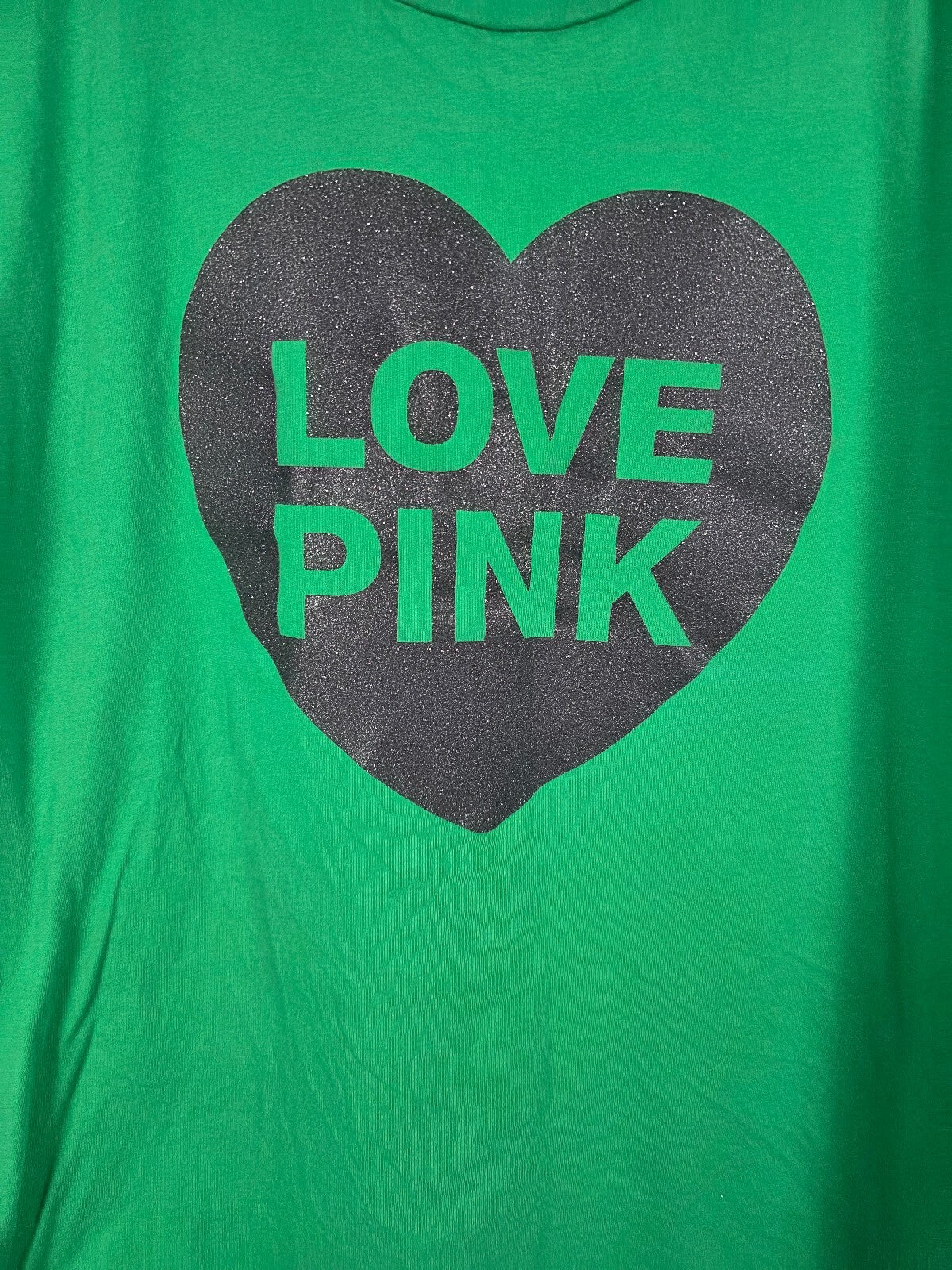 PINK Victoria's Secret Love Heart Glitter Tee Green XXL Shirt Campus Originals