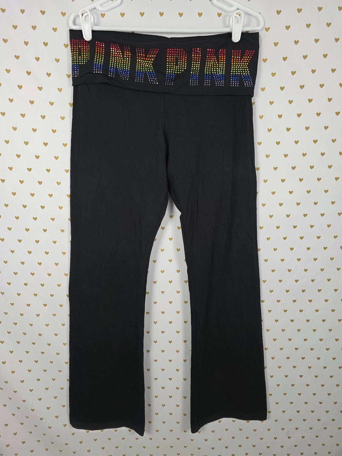 Victorias Secret PINK BLING Rainbow Studded FOLDOVER Yoga Pants LARGE Flared
