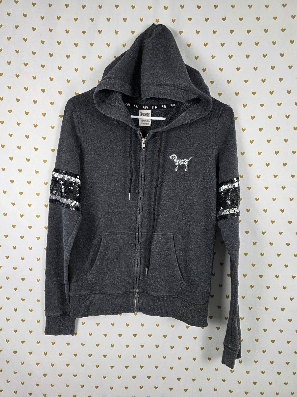 Victorias Secret Pink Small Grey Bling Logo Hoodie Jacket Sequined