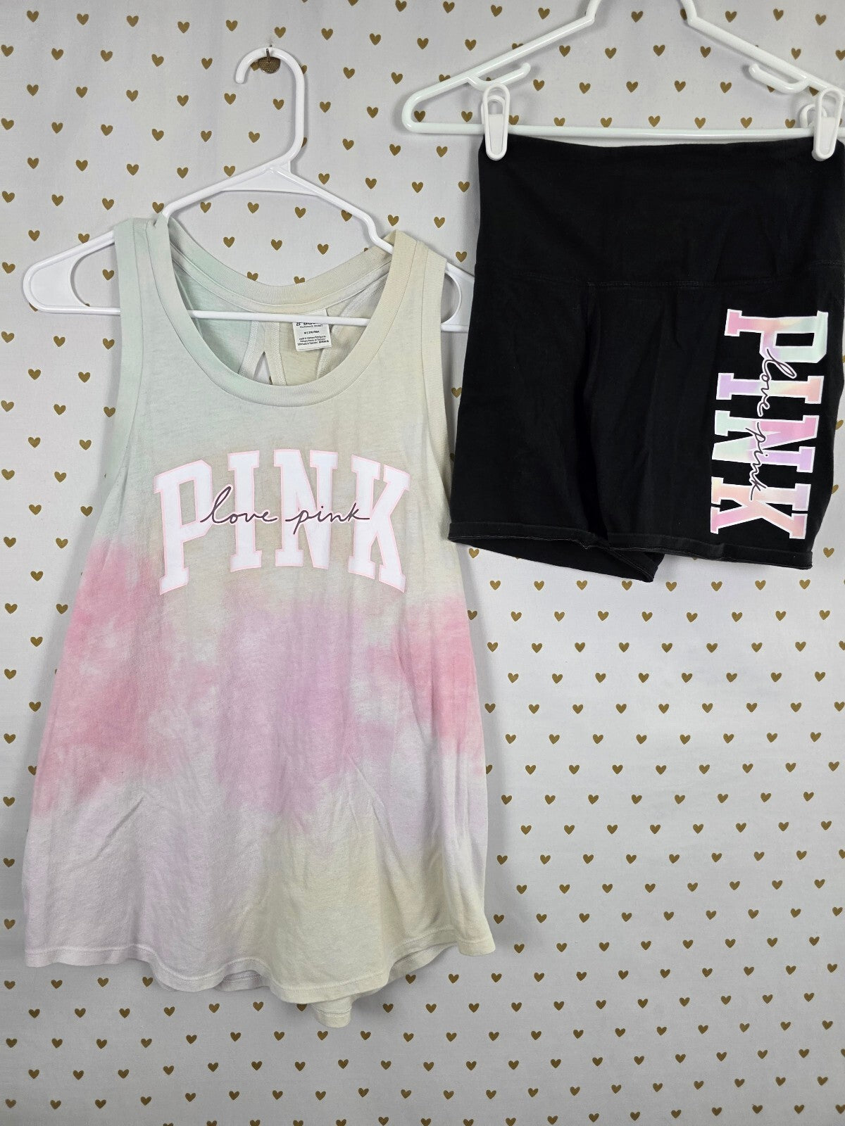 Victorias Secret PINK Watercolor Tank Top Bike shorts Logo SET Sm Med