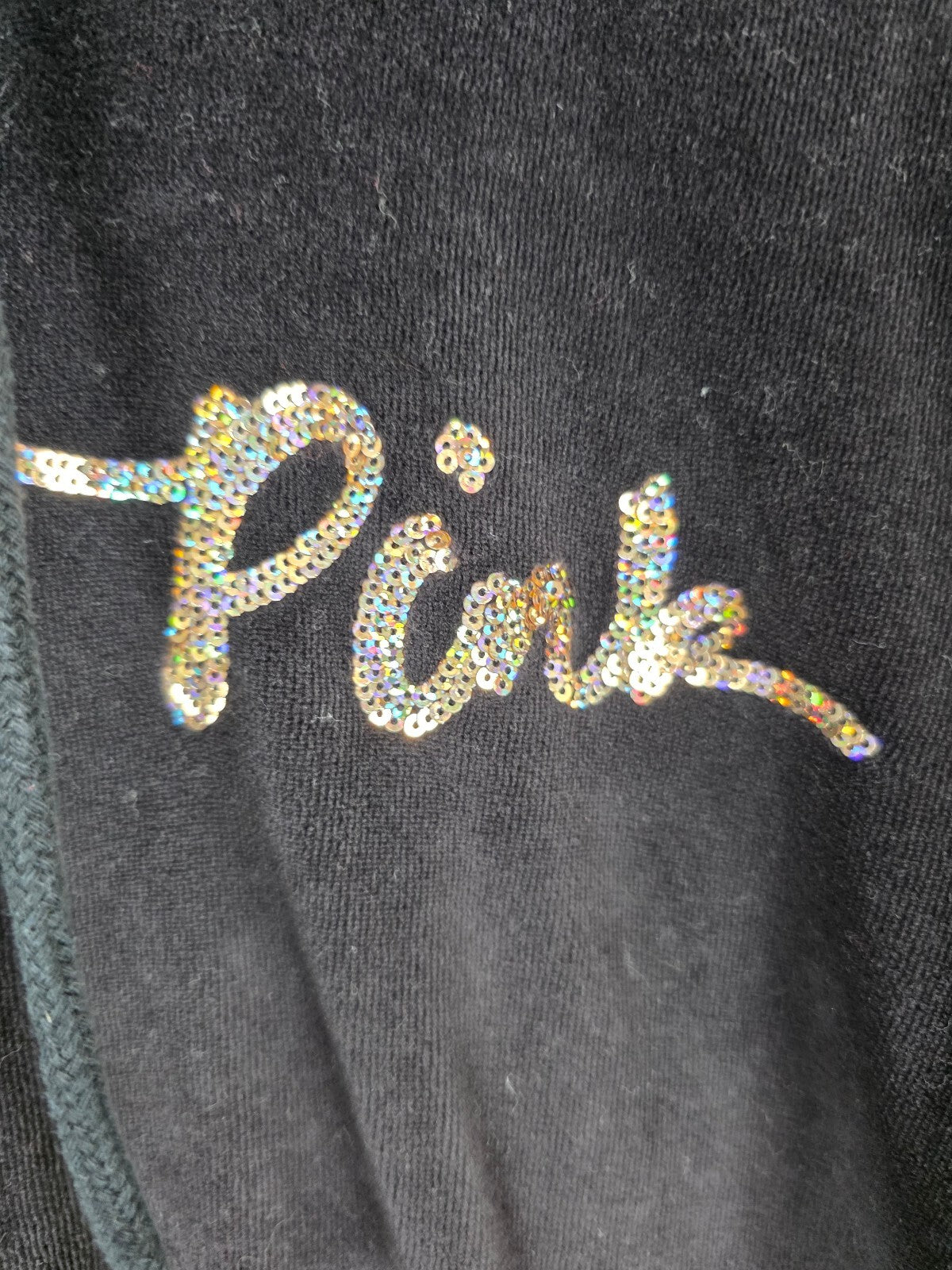 Victorias Secret Pink Vintage Black Velour Gold Sequined Bling Hoodie Jacket L