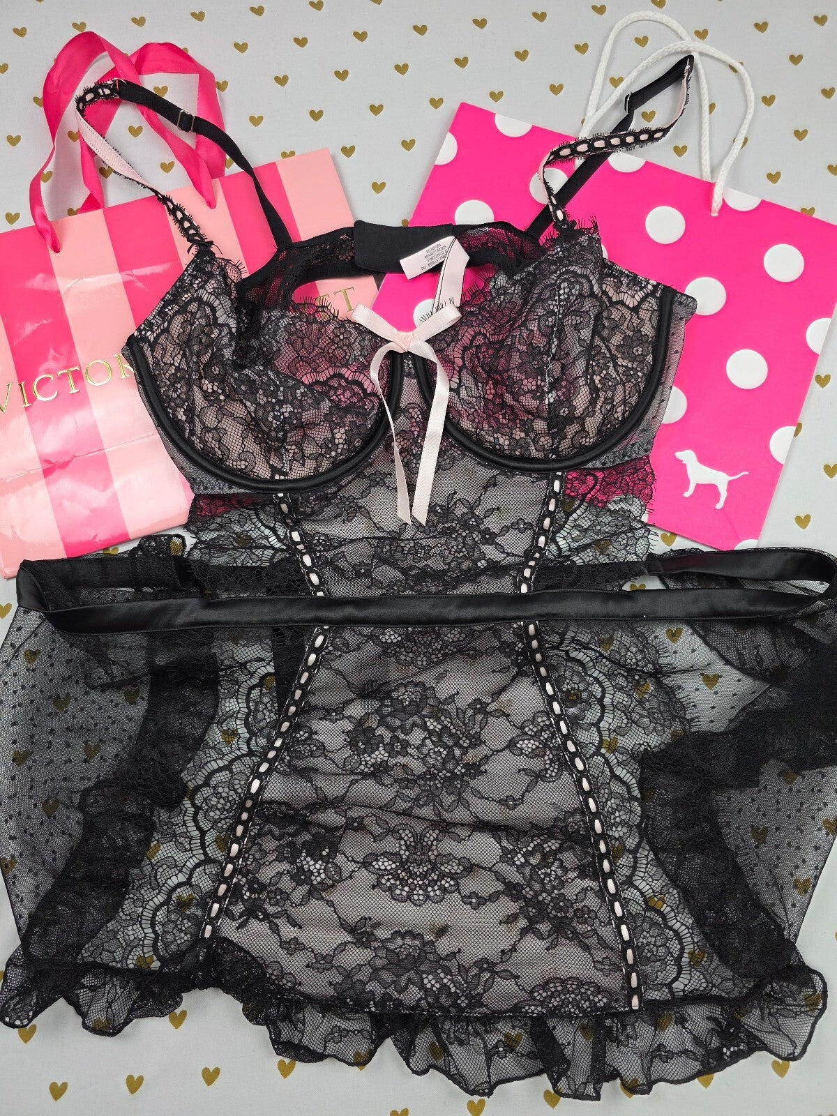 Victoria’s Secret Black Lace Corset Bustier Garter Lingerie XL Pink Ribbon