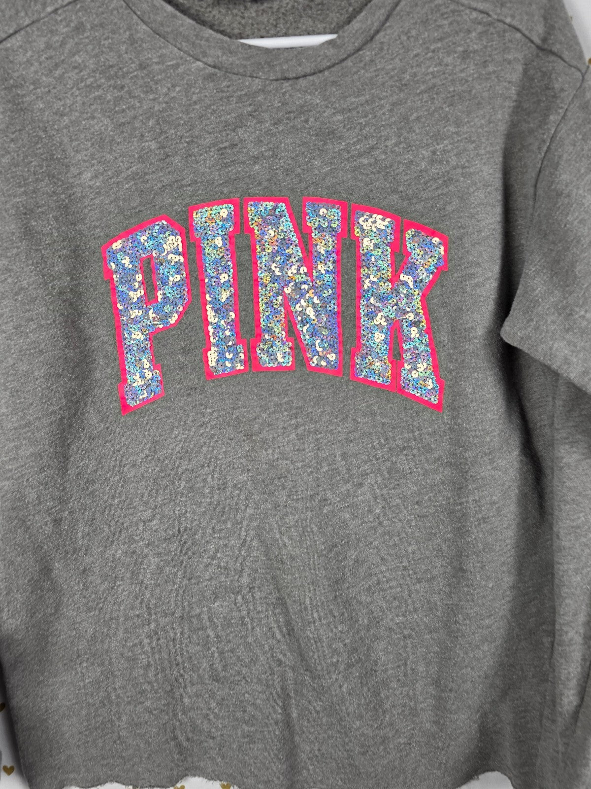 Victorias Secret Pink Mermaid Bling Logo Sweater Shirt Grey Sequined SMALL
