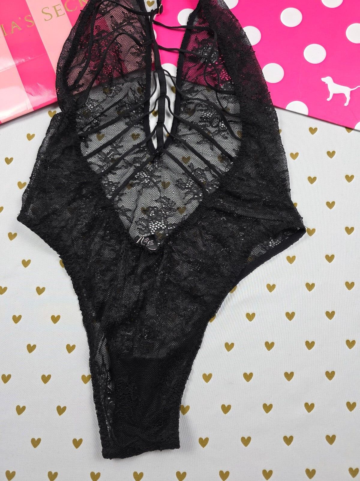 Victoria's Secret Black Floral Lace Teddy Bodysuit S Strappy Open Back Sheer