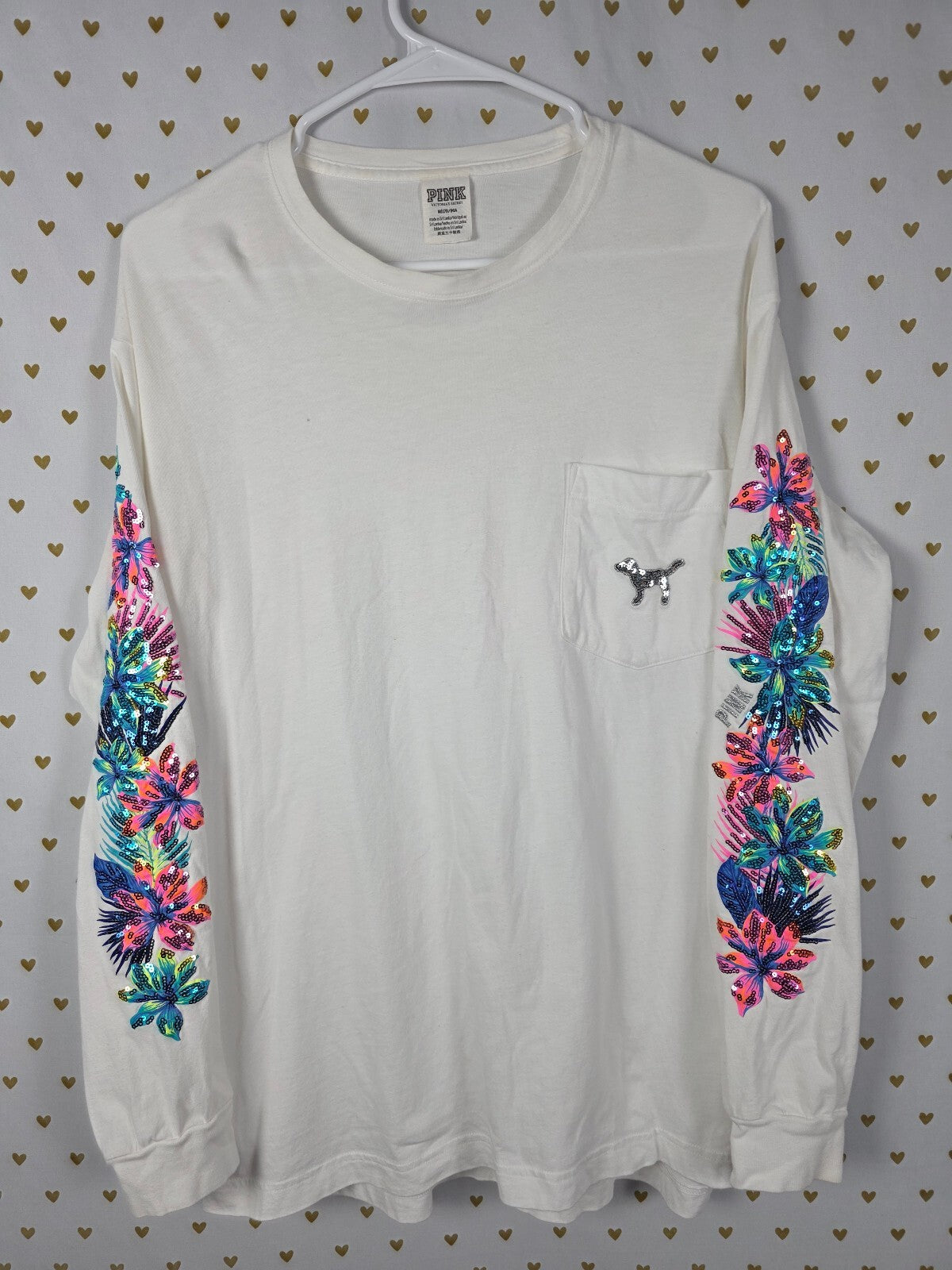 Victoria's Secret PINK Campus Tee Sequin Tropical Floral Hibiscus BLING White M