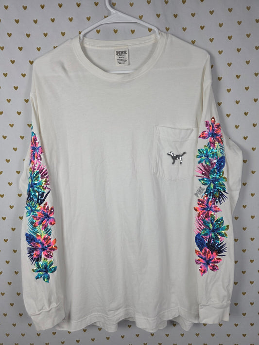 Victoria's Secret PINK Campus Tee Sequin Tropical Floral Hibiscus BLING White M