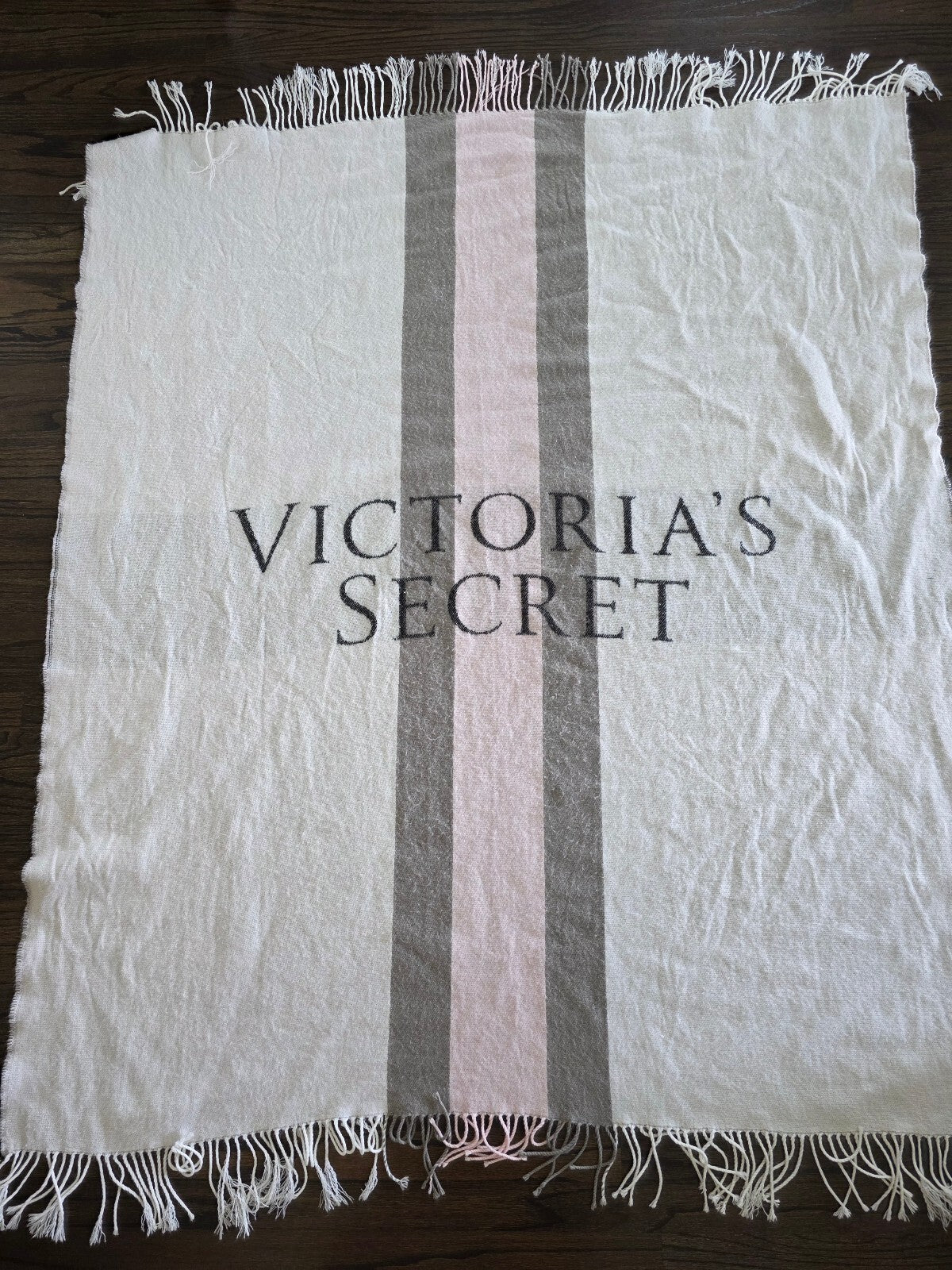 Victoria Secret Throw Blanket Fringe 50”X60” Logo stripe Super Soft