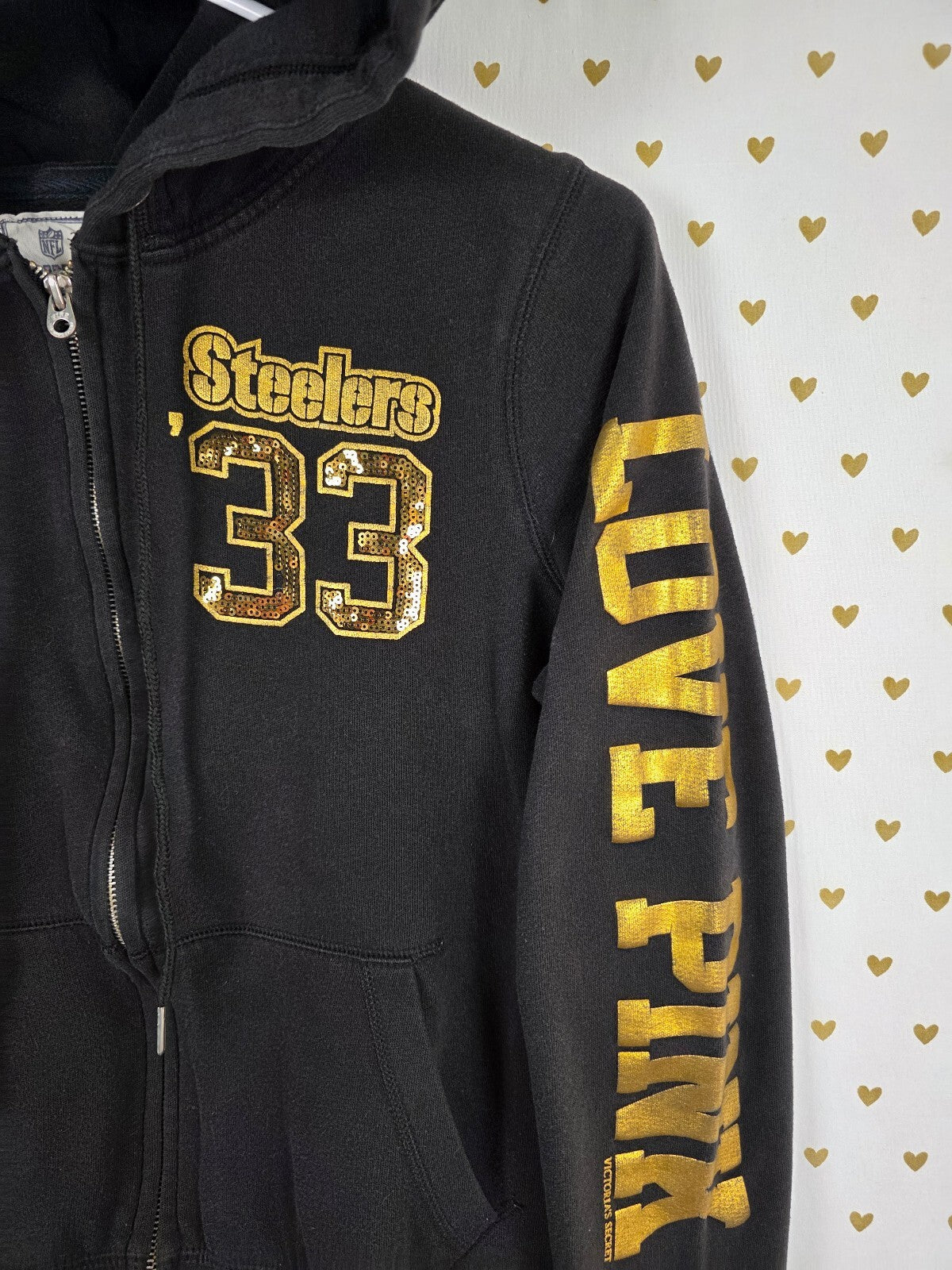 Victoria’s Secret PINK Steelers 33 BLING Sequin Zip Hoodie NFL Medium Black Gold