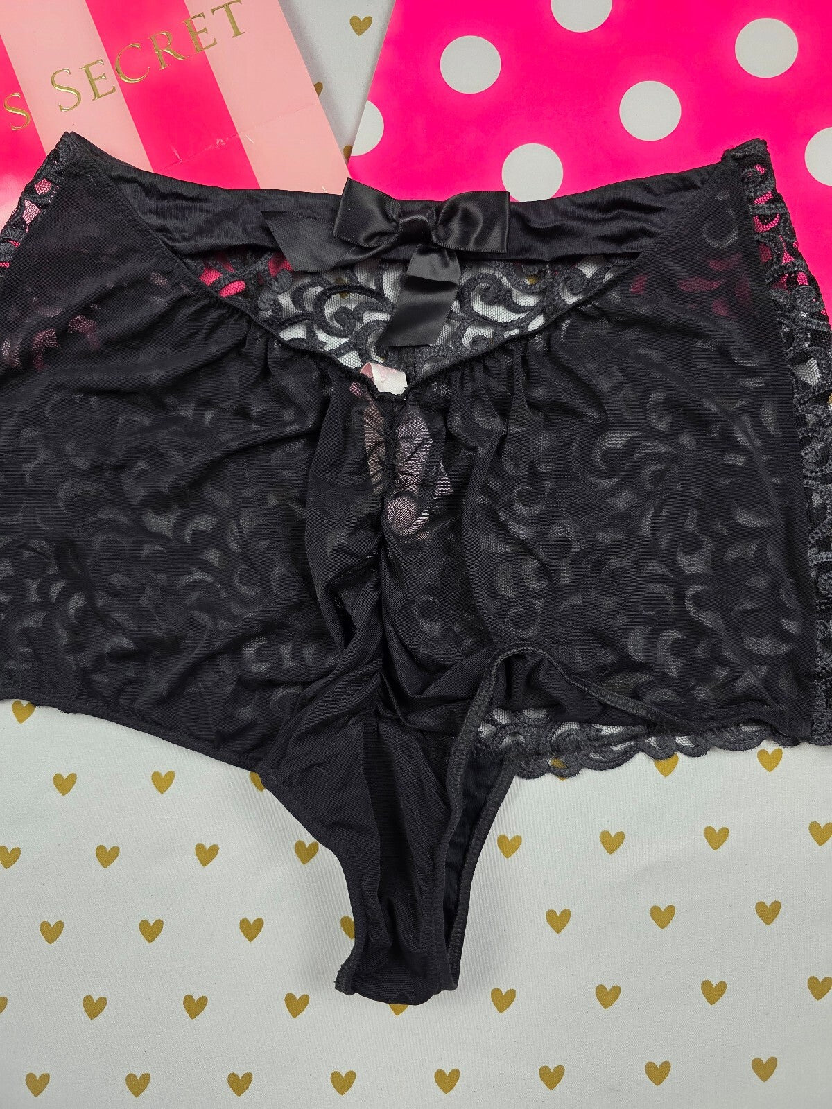 Vintage 2003 Victoria's Secret Lace Skirt Thong Panties M NWT Black Bow