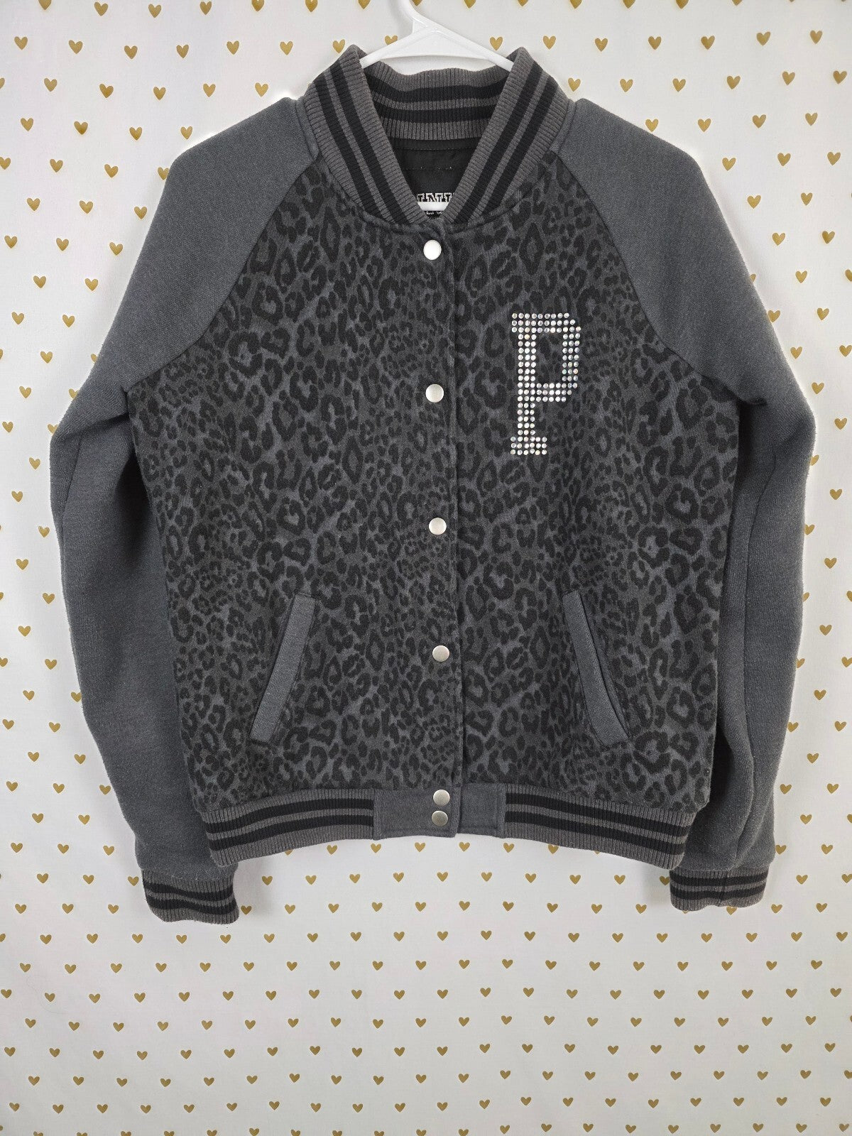 Victorias Secret Pink BLING CHEETAH LEOPARD Logo Varsity Bomber MEDIUM