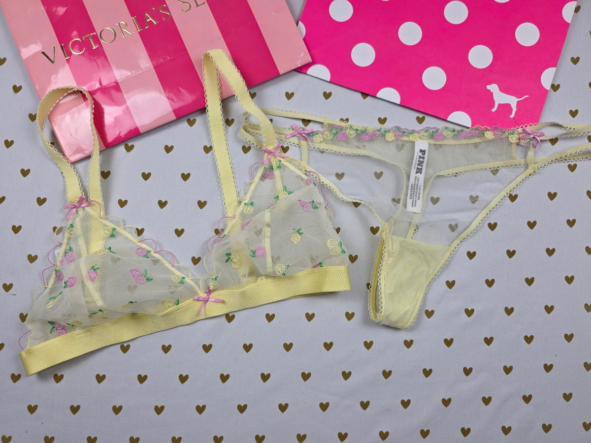 Victoria's Secret PINK Yellow Fruit Embroidered Mesh Bralette Thong Set L