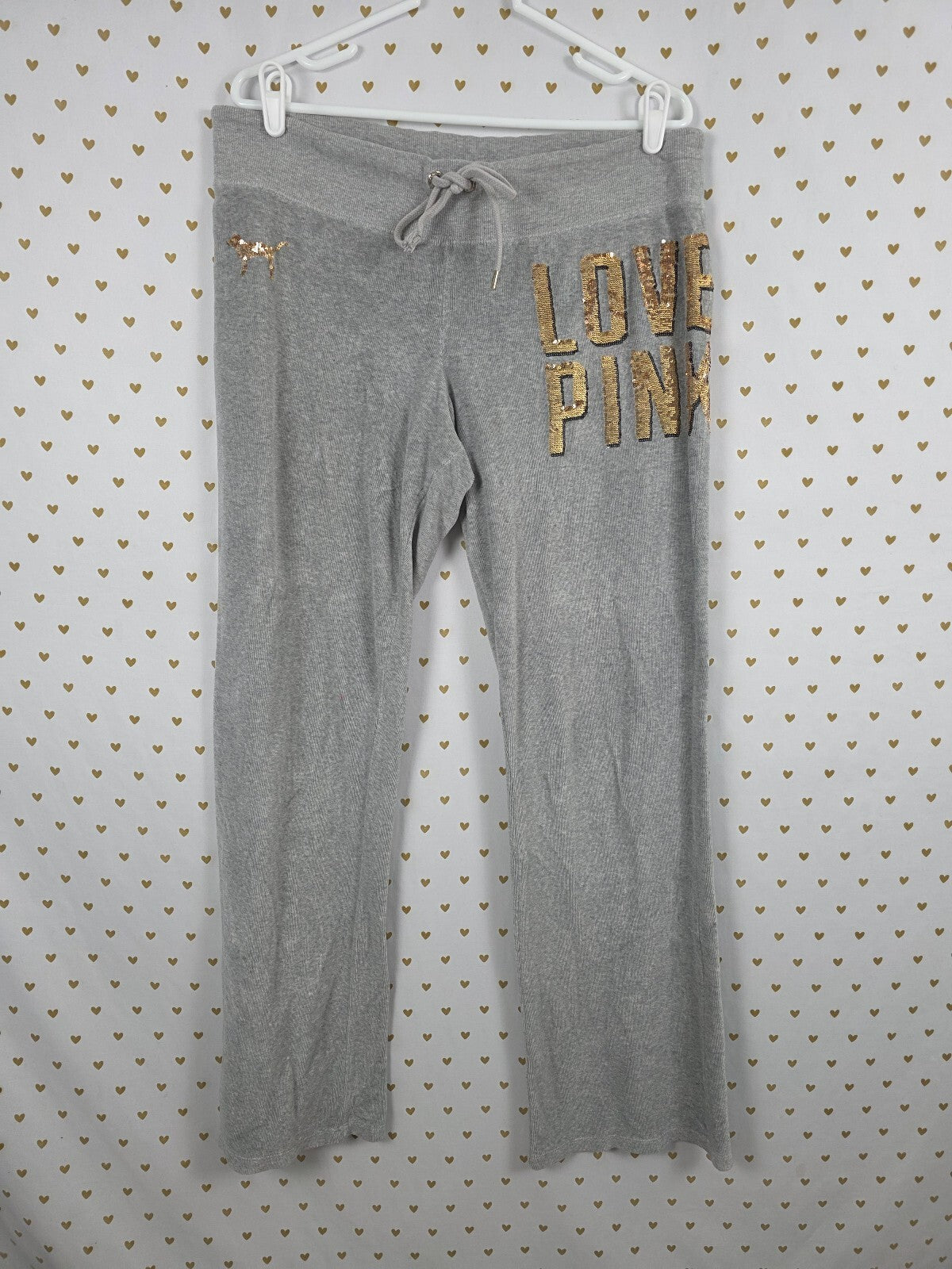 Victorias Secret PINK Vintage Velour Sweats Sweatpants BLING logo Grey Sequined