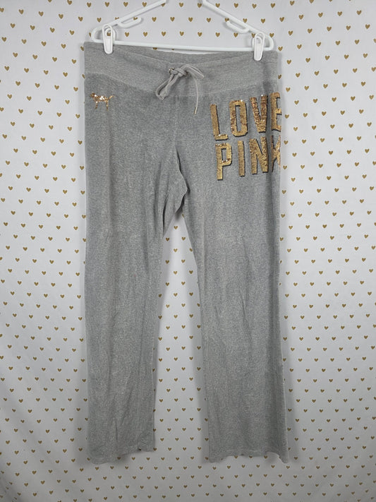 Victorias Secret PINK Vintage Velour Sweats Sweatpants BLING logo Grey Sequined