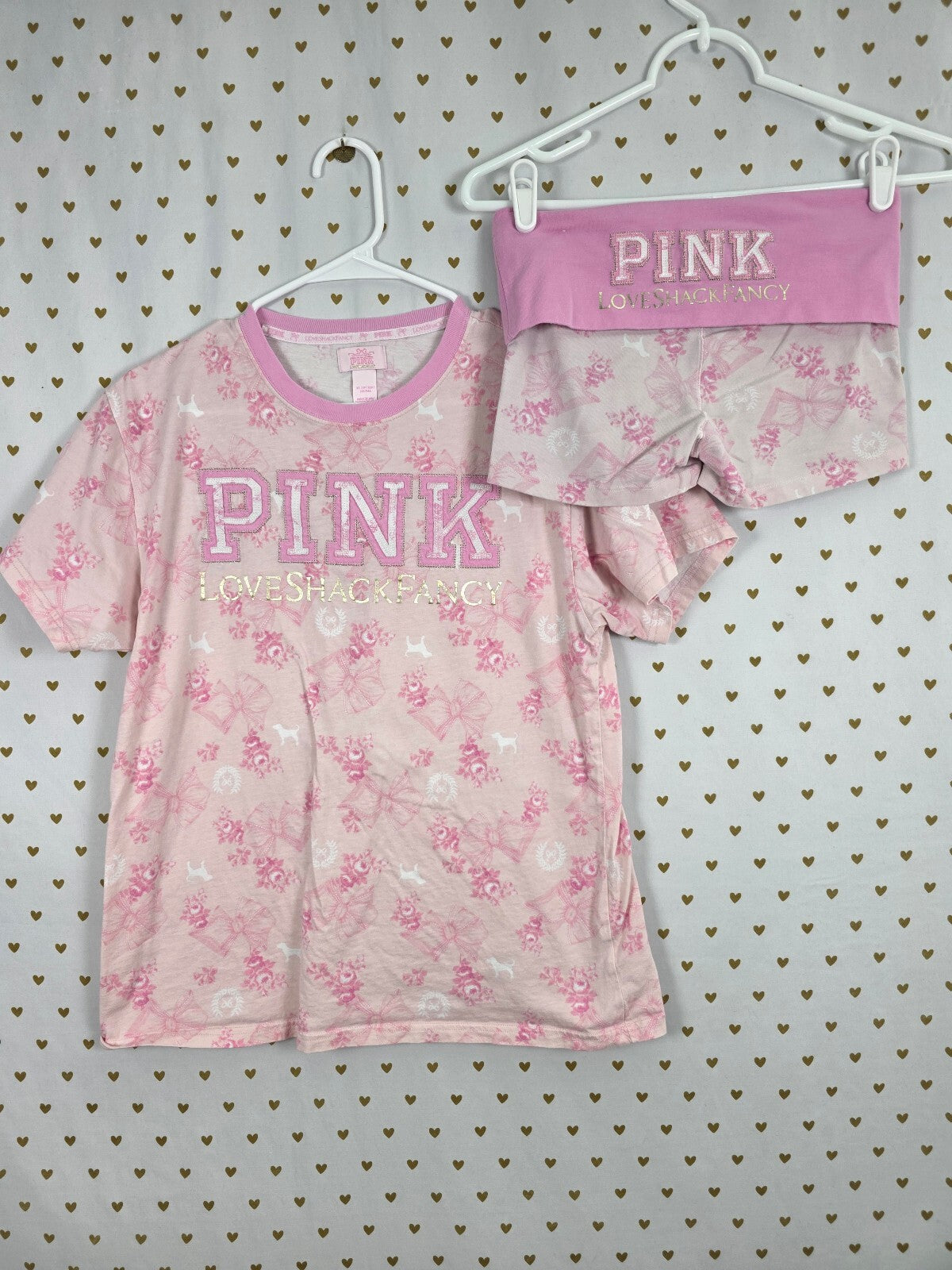 Victoria's Secret PINK x LoveShackFancy Bow Tee Foldover Shorts Set XS outfit