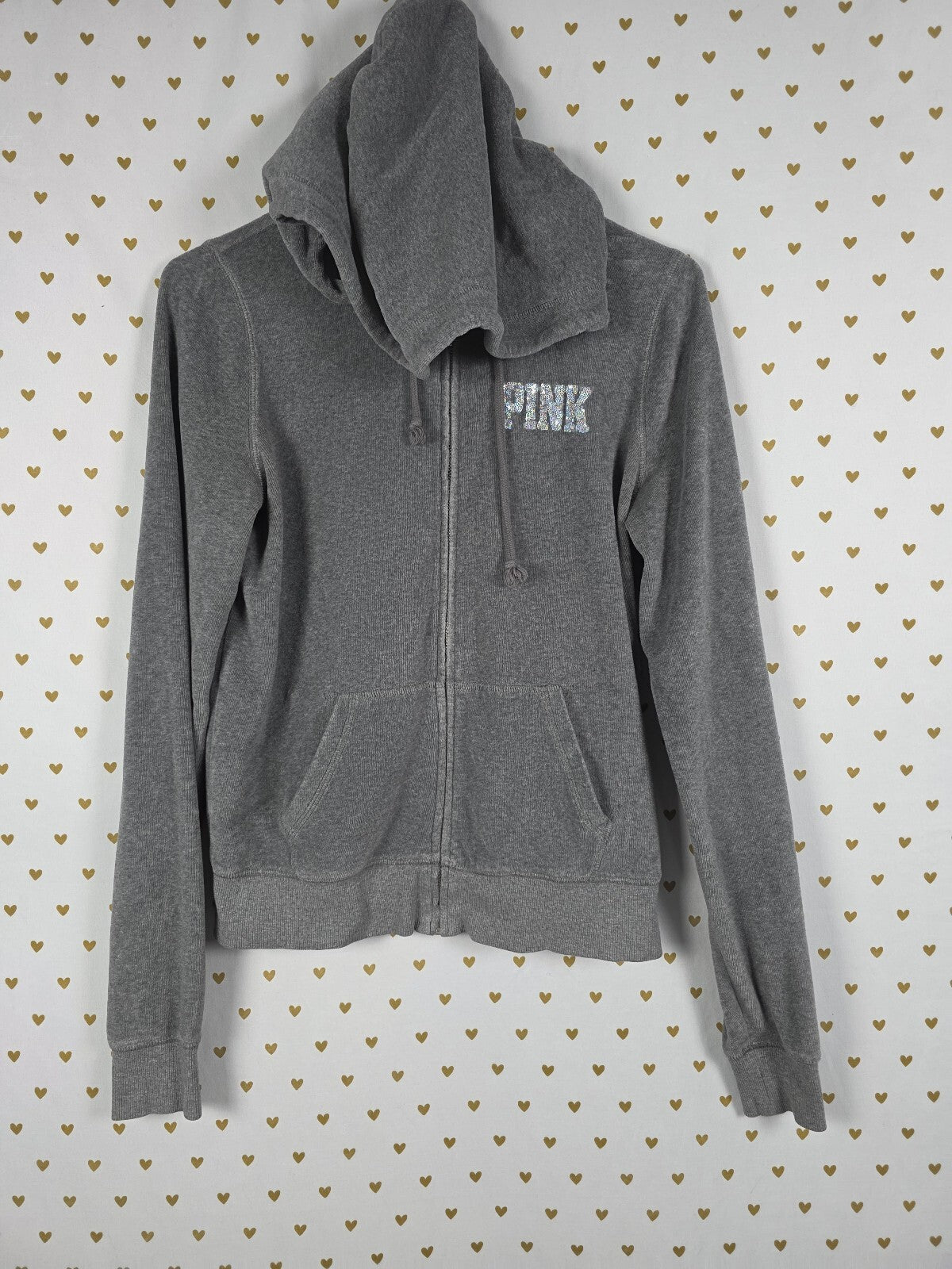 Victorias Secret Pink Velour Crest Bling Full zip hoodie jacket Grey Small