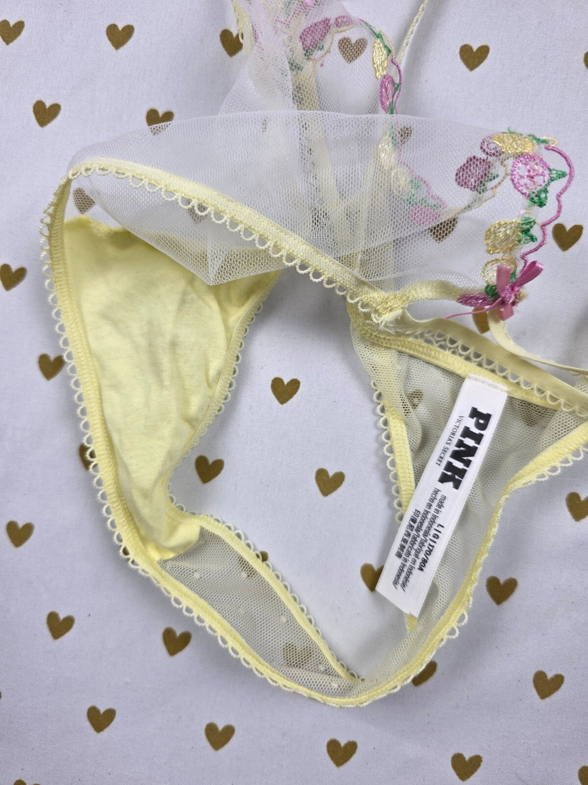 Victoria's Secret PINK Yellow Fruit Embroidered Mesh Bralette Thong Set L