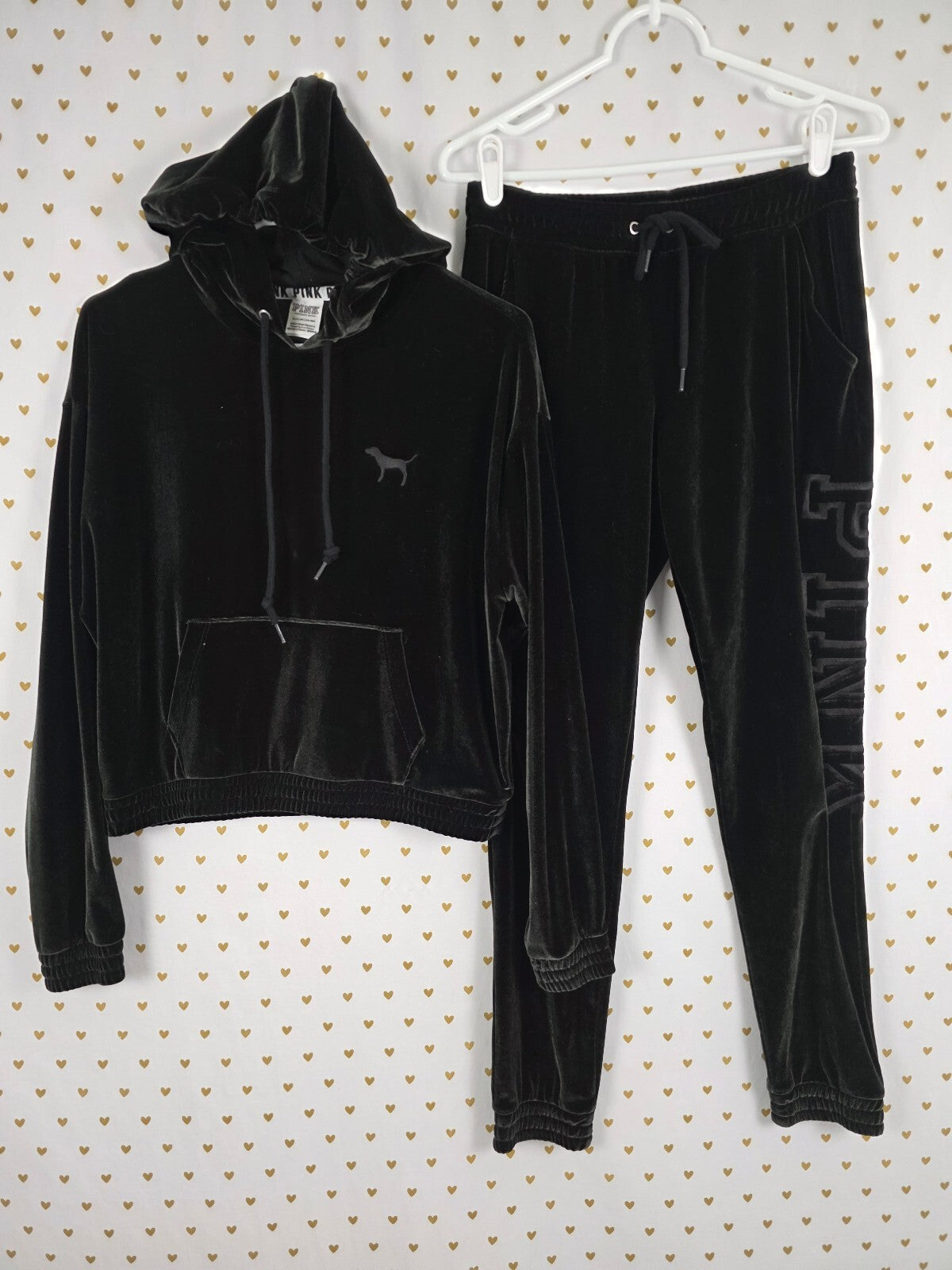 Victoria's Secret PINK Black Velour Hoodie Jogger Tracksuit Set Small