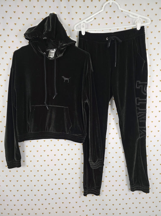 Victoria's Secret PINK Black Velour Hoodie Jogger Tracksuit Set Small