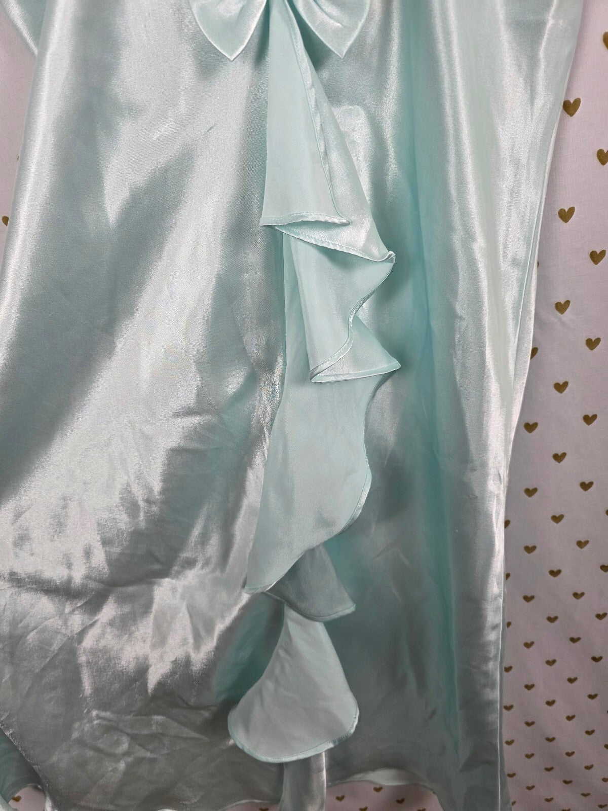 Vintage Victoria's Secret Gold Label Aqua Satin Gown Bow Back Ruffle Nightgown