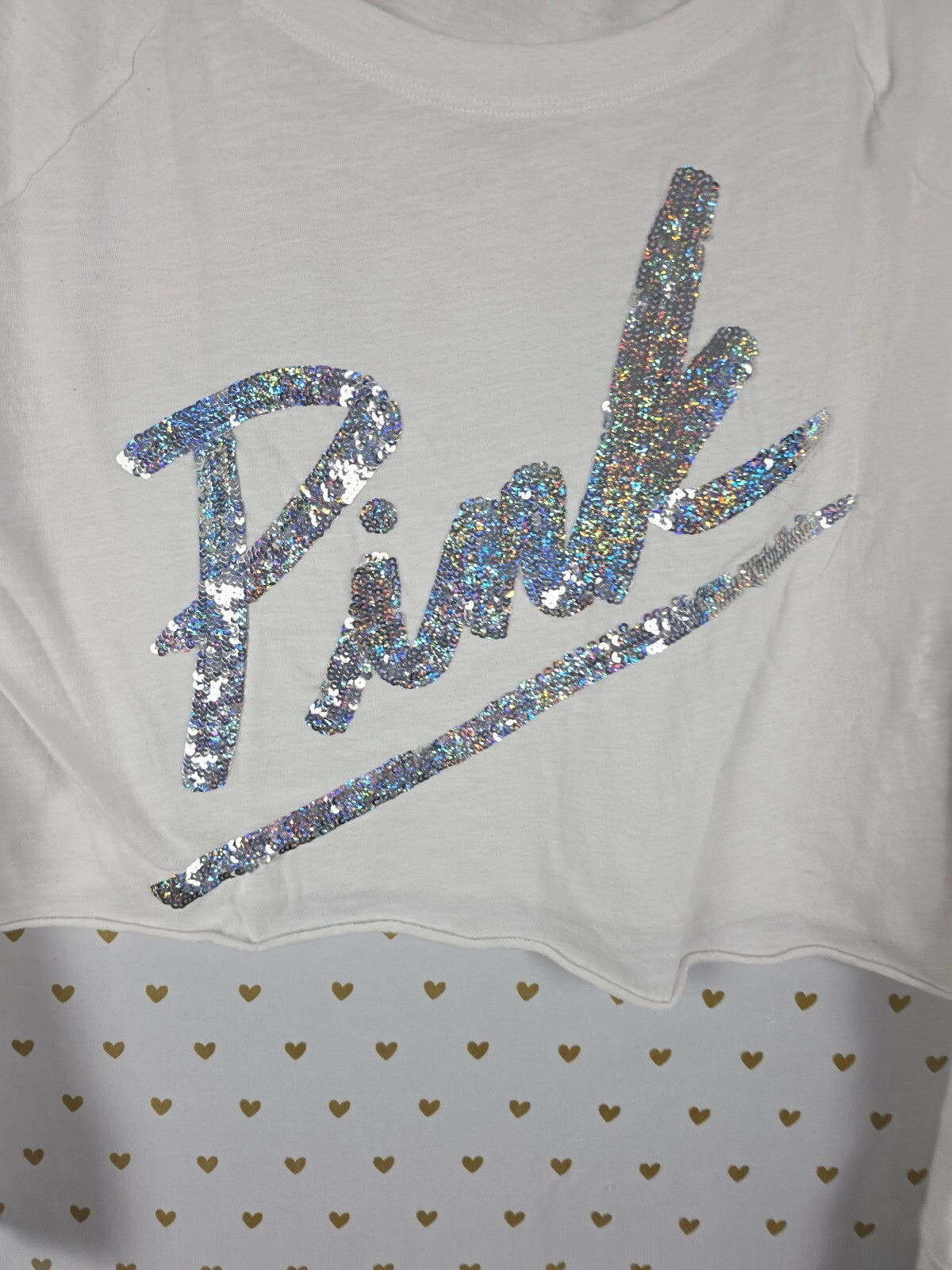 Victorias Secret PINK Cropped Bling Sequined Long Sleeve Tee shirt Logo Medium