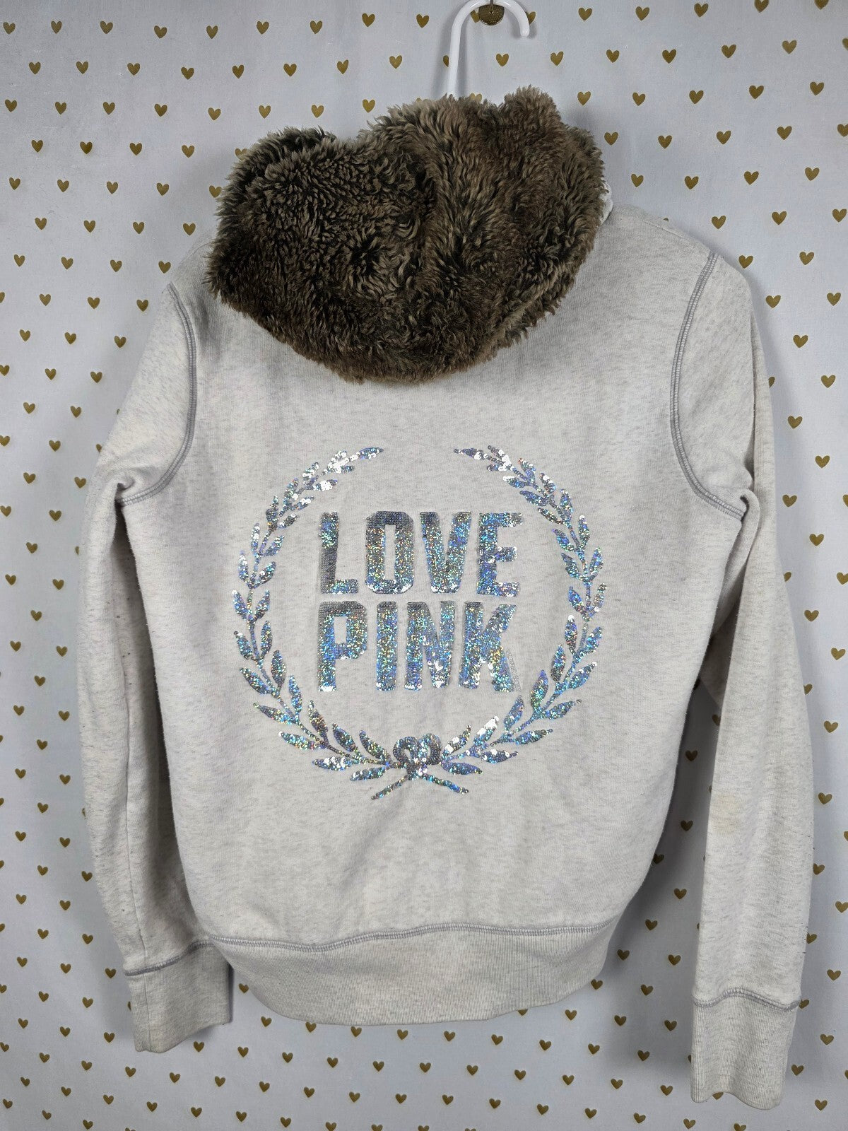 Victoria’s Secret PINK LOVE PINK Sequin BLING Faux Fur Zip Hoodie S Rare